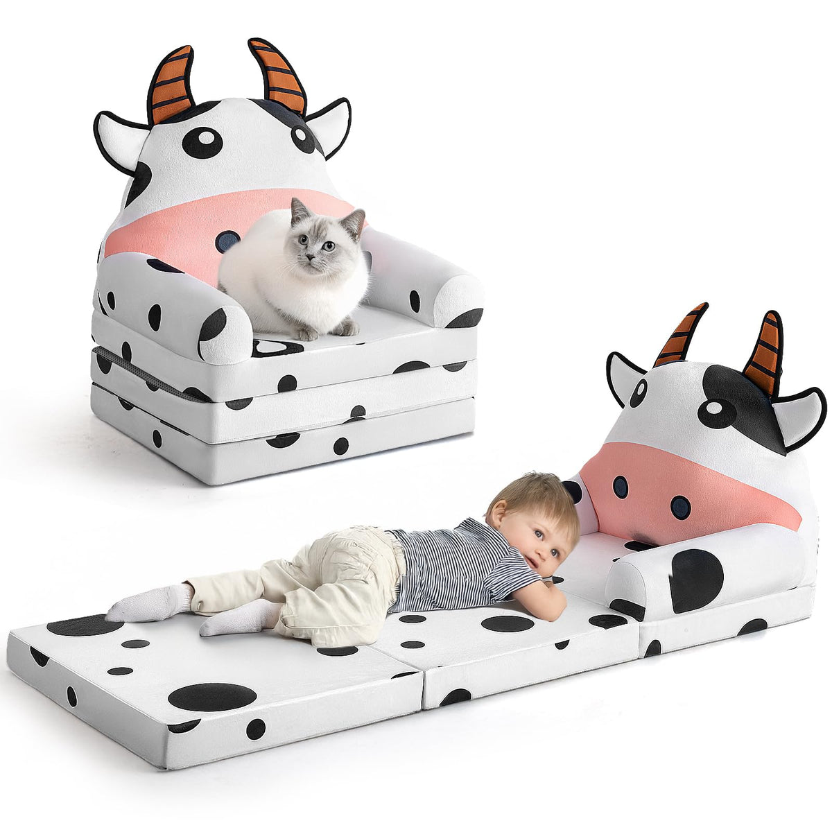 Kids Sofa Comfy, Adorable Animal Toddler Chair, Foldable Kids Couch with Removable Washable Cover, Soft & Breathable Fabric, No Assembly Needed, Foldable Baby Sofa(Dairy Cow)