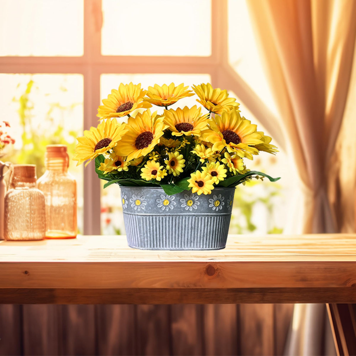 hopeme Artificial Flowers Fake Sunflowers in Pot, Faux Silk Flowers Floral Table Centerpiece Decoration, Rustic Potted Greenery for Farmhouse Home Décor