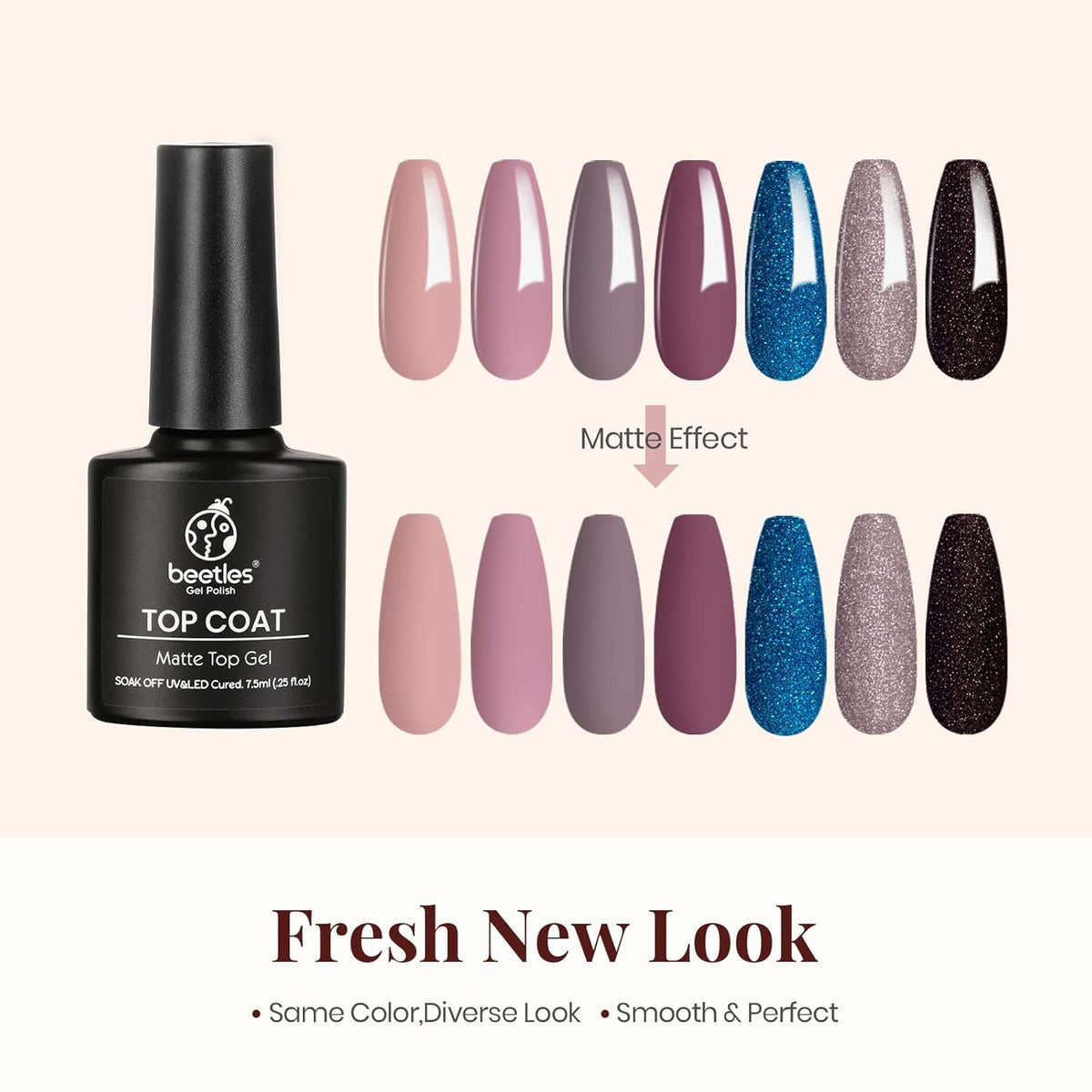 Beetles Matte Gel Top Coat for Gel Nail Polish, 7.5ML Chrome Proof Matte Top Coat No Wipe Powder-Resist Matte Finish for Detail Chrome Nail Powder Painting Long Lasting UV Nail Art