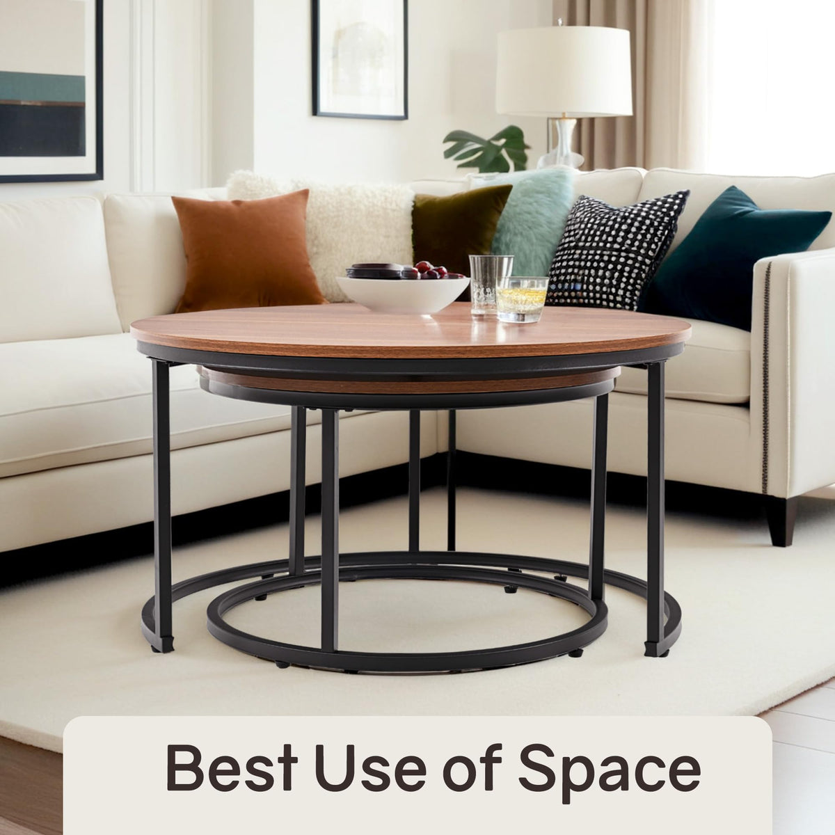 Otterease Nesting Tables Set of 2, 31.5" Round Coffee Table, Small Nesting Coffee Table with Adjustable Non-Slip Fee, Wood Grain Top Nesting Tables for Living Room, Bedroom (Wood Grain Brown)