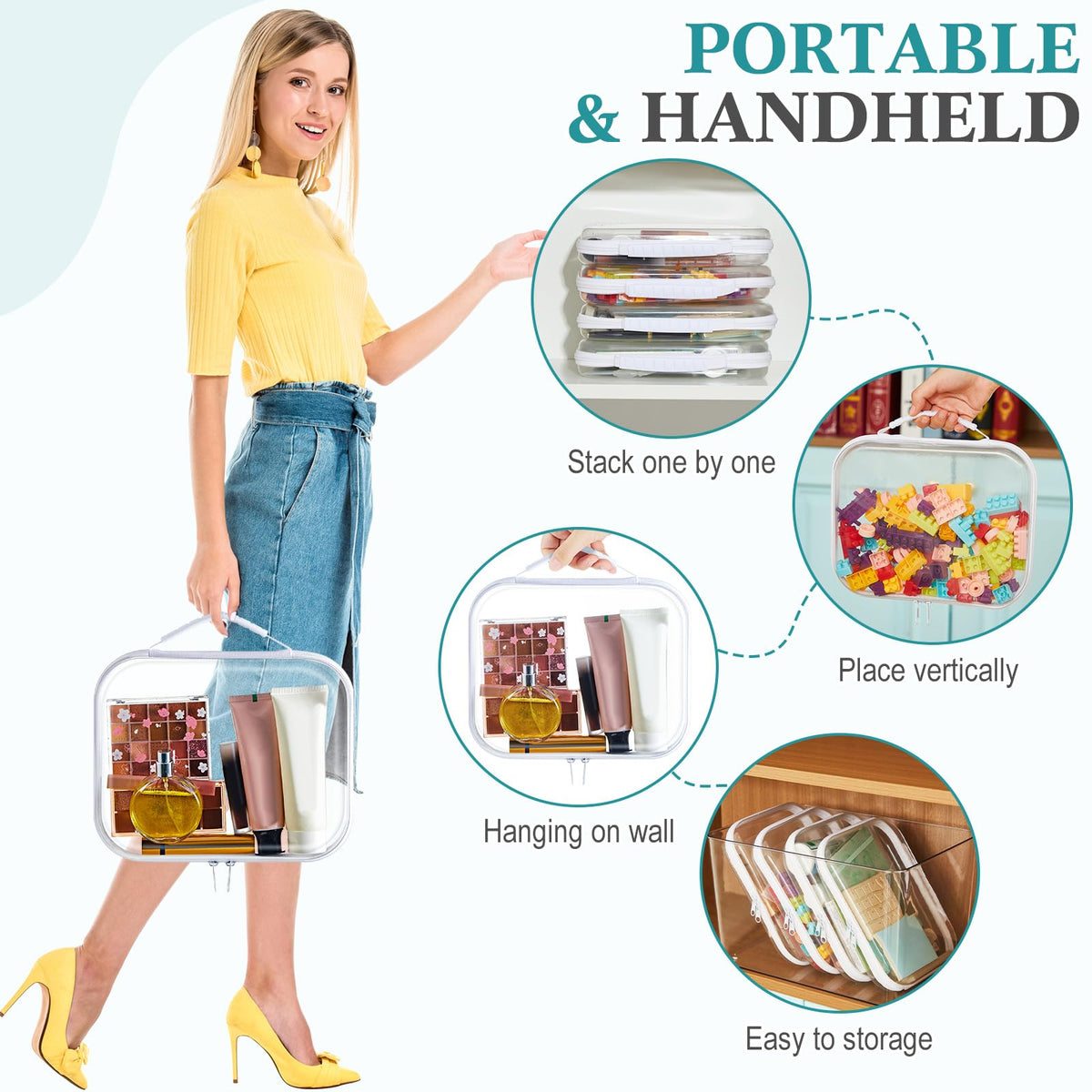 Sanwuta 4 Pcs Clear Hard Zipper Case with Handle Office Storage Cases Hard Plastic Pouches Transparent Bins for Toys, Snacks, Cosmetics, Building Blocks, Puzzles(9.8 x 7.9 x 2 Inches,White)