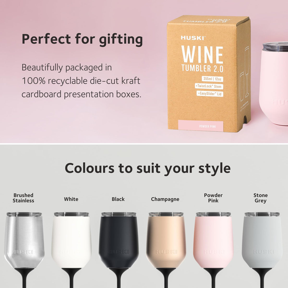 Huski Wine Tumbler 2.0 | NEW | Award-winning Design with Detachable Stem | Premium Stainless Steel Wine Glass with Lid | Triple Insulated Tumbler | 12oz Capacity | Great Gift (Powder Pink)