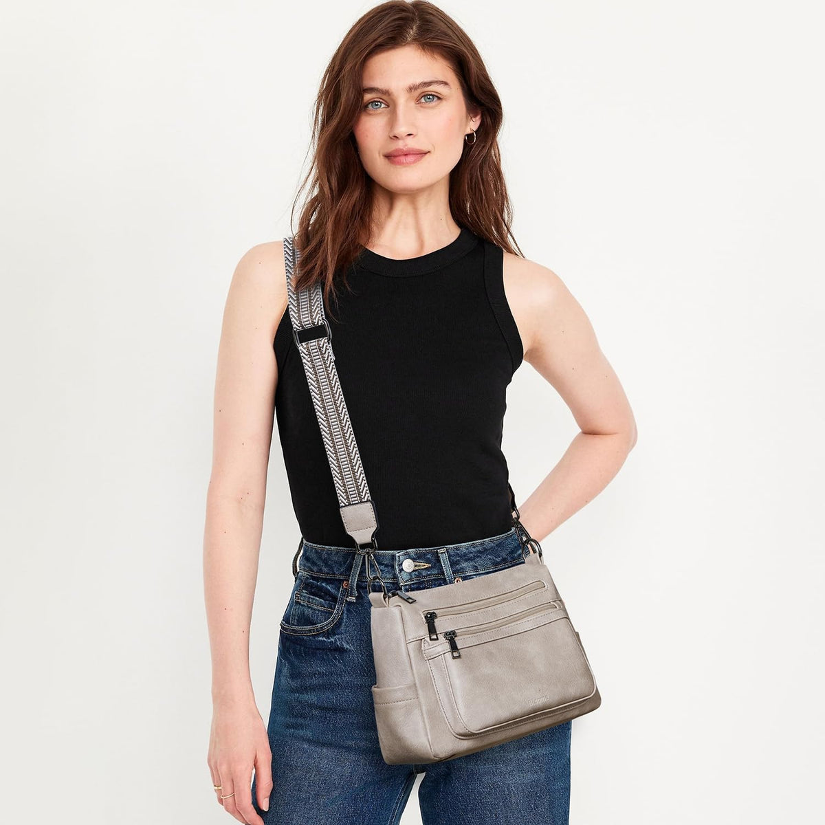 Bluome 7L Crossbody Purses for Women, Medium Crossbody Bags Vegan Leather Shoulder Handbags with Guitar Strap,Grey