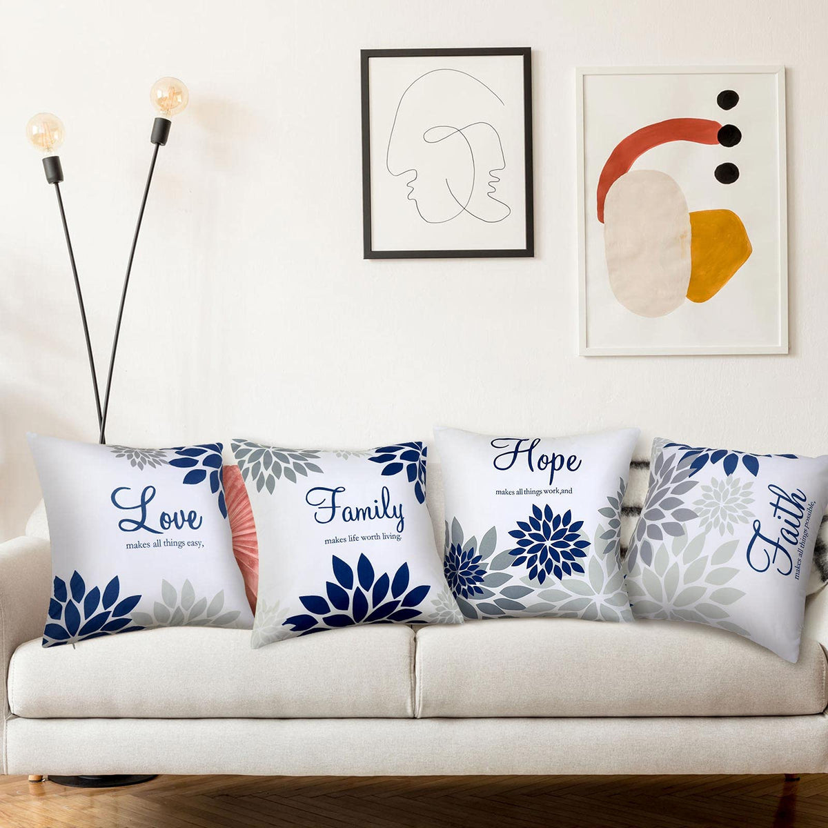 Tatuo 4 Pcs Yellow Flower Navy Pillow Covers Square Pillow Cushion Cases 18x18 Inch, Family Faith Hope Love Words Decorative Spring Summer Cushion Case for Sofa Bed(Gray Series)