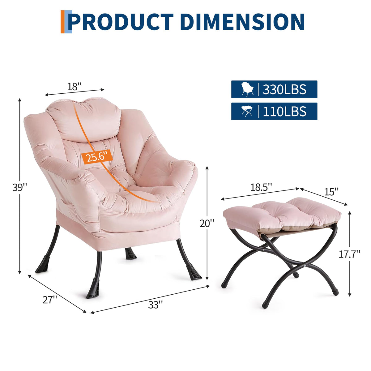 IDEALHOUSE Lazy Chair with Ottoman, Large Lounge Accent Chair, Comfy Armchair with Folding Footrest,Reading Armchair with Side Pocket for Living Room, Bedroom, Dorm & Office (1 Set, Velvet Pink)