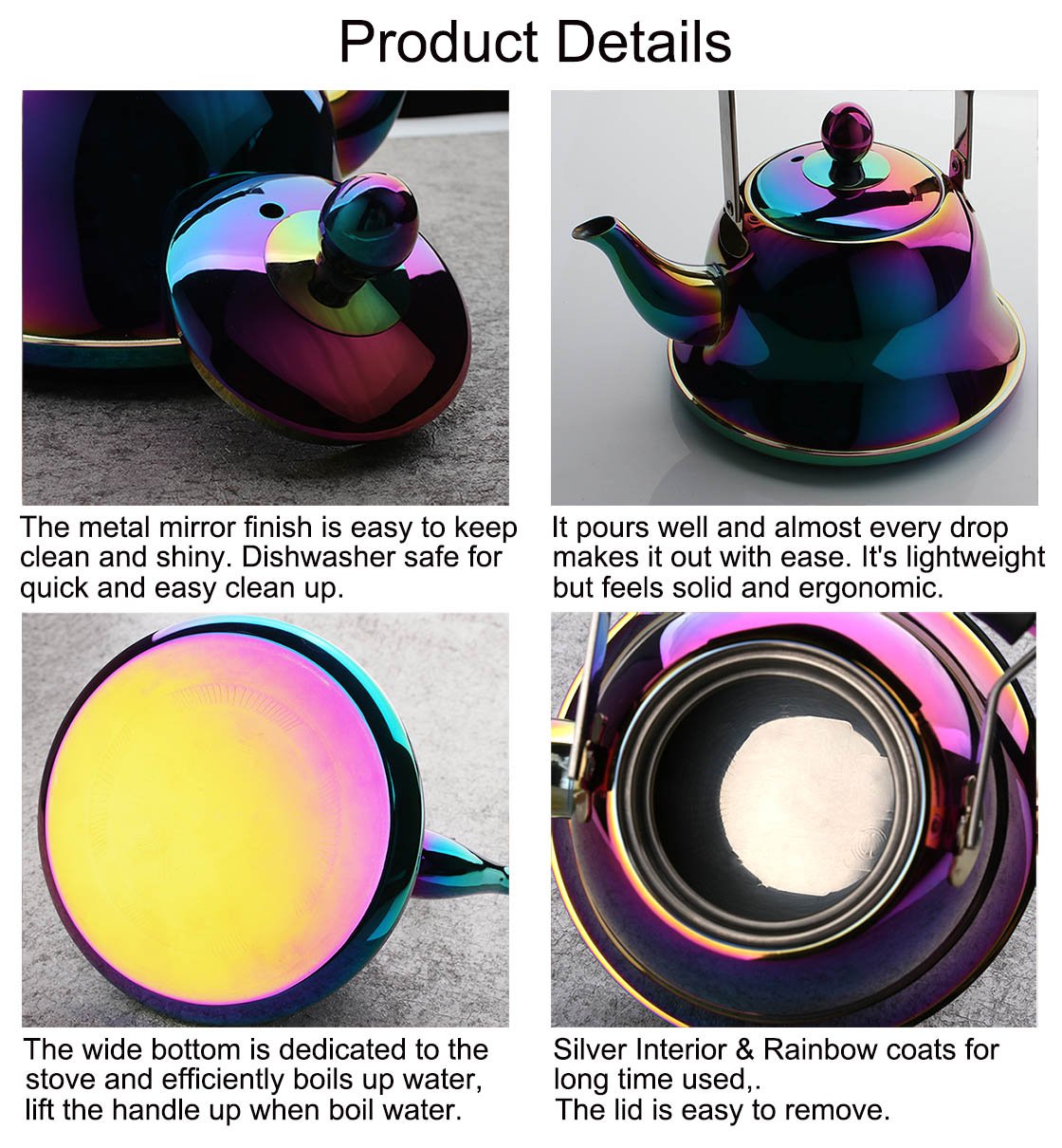 Onlycooker Whistling Tea Kettle Stainless Steel Stovetop Teakettle with Infuser Sturdy Teapot for Tea Coffee Fast Boiling Color Rainbow Mirror Finish 2 Liter / 2 Quart