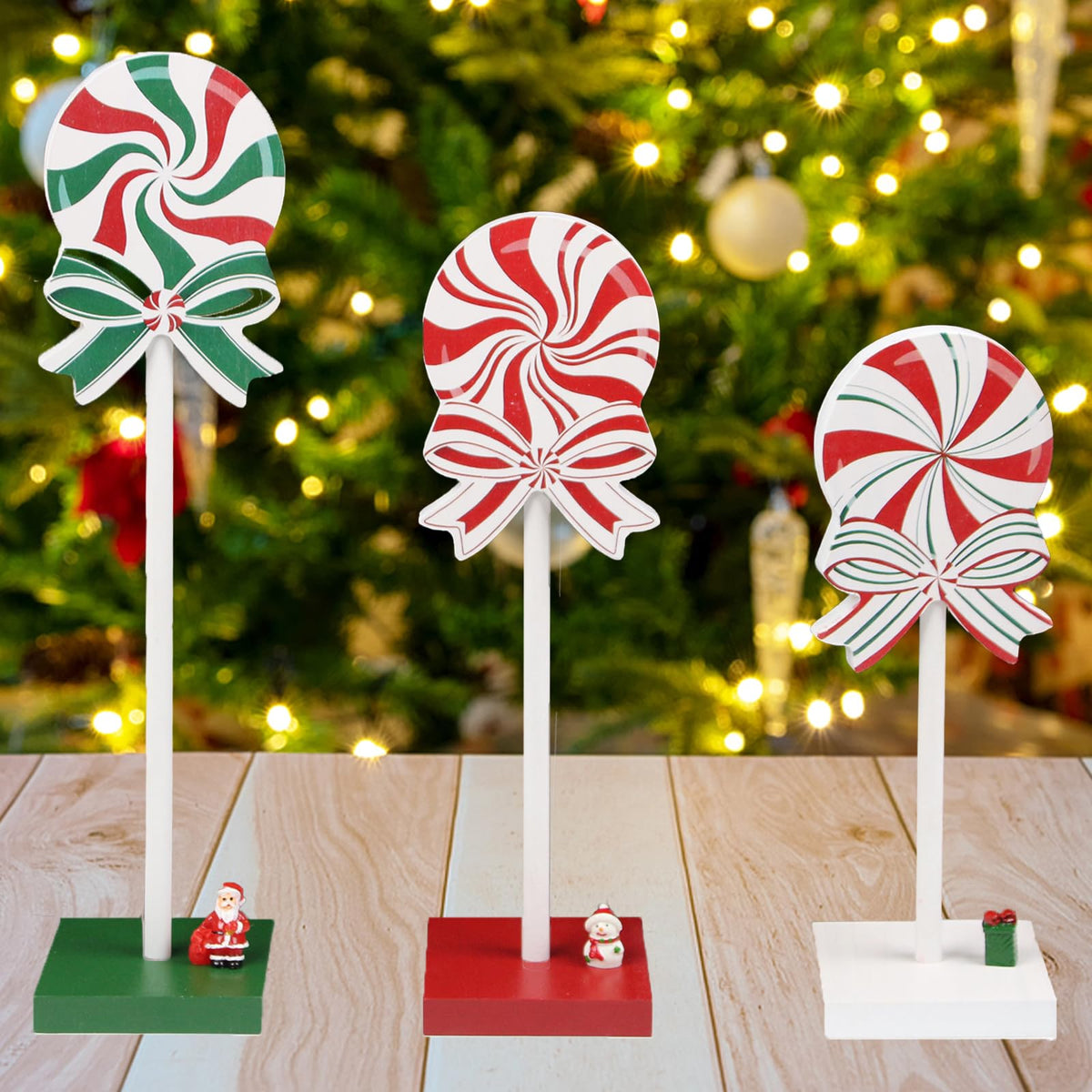 EOMEXAL 3 Pieces Christmas Table Decorations Wooden Christmas Tiered Tray Decor Xmas Tabletop Décor Candy Cane Décor for home(Classic)
