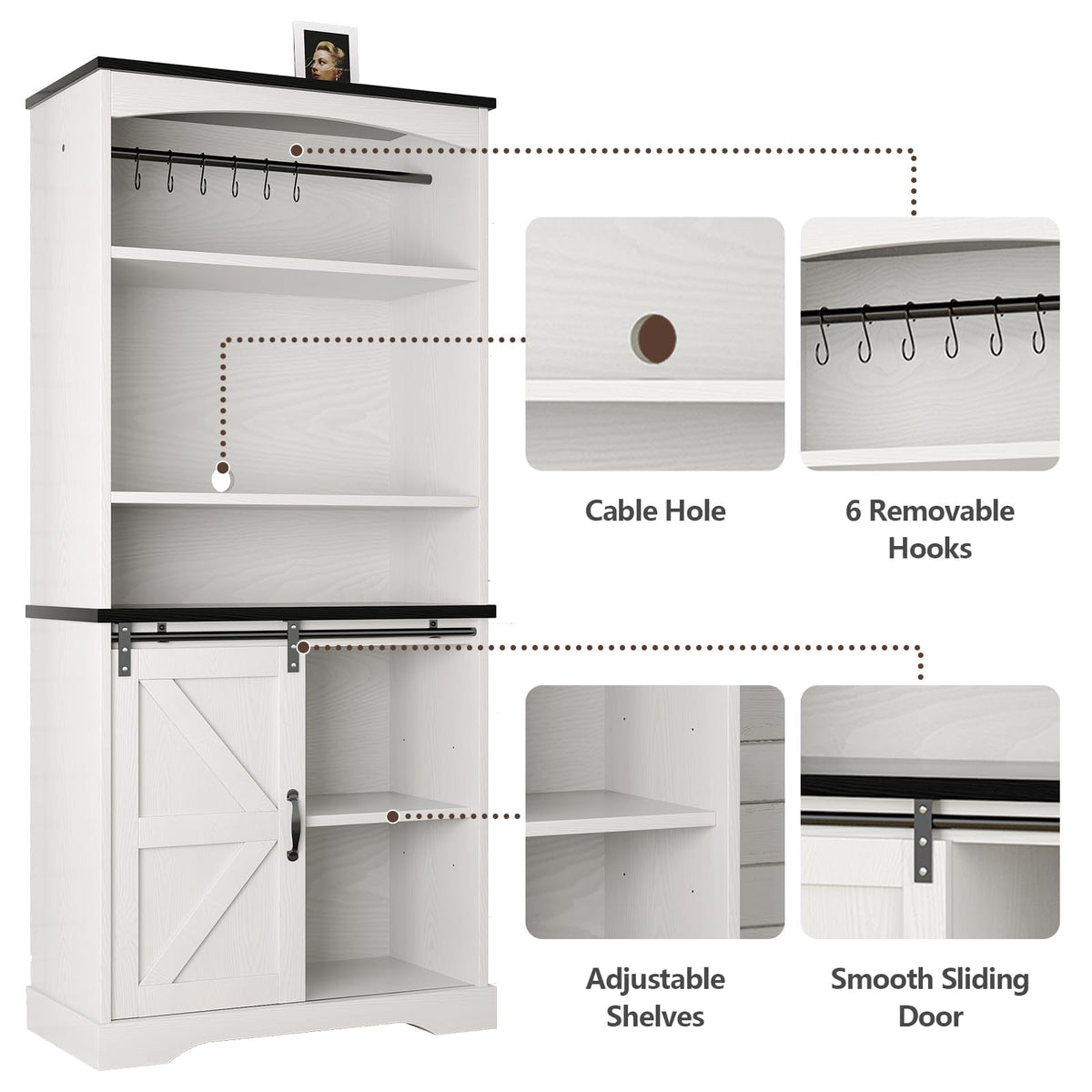 4ever2buy Farmhouse Tall Coffee Bar with Tall Hutch, Buffet Cabinet with Storage, 70 Inch Coffee Bar Cabinet with Sliding Barn Door and Adjustable Shelves for Living Dining Room, White