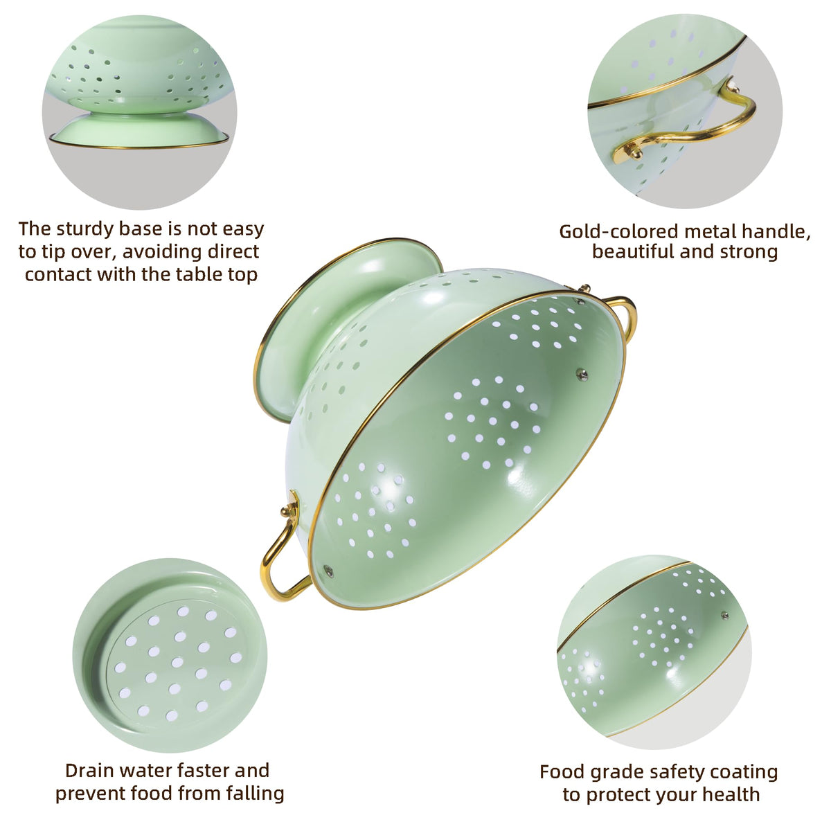 Metal Colander Set of 3, Strainer Basket with Handles perfect for Spaghetti, Pasta, Berry, Vegetable, Fruit, Solid Base Powder Coated Kitchen Essential Strainer Set, 1 & 3.5 & 5 Qt (Green)