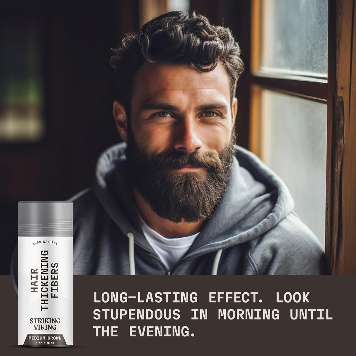 Striking Viking Hair Fibers for Thinning Hair - 28 g, Medium Brown - Bald Spot Cover Up & Sweat-Proof Thickening Powder
