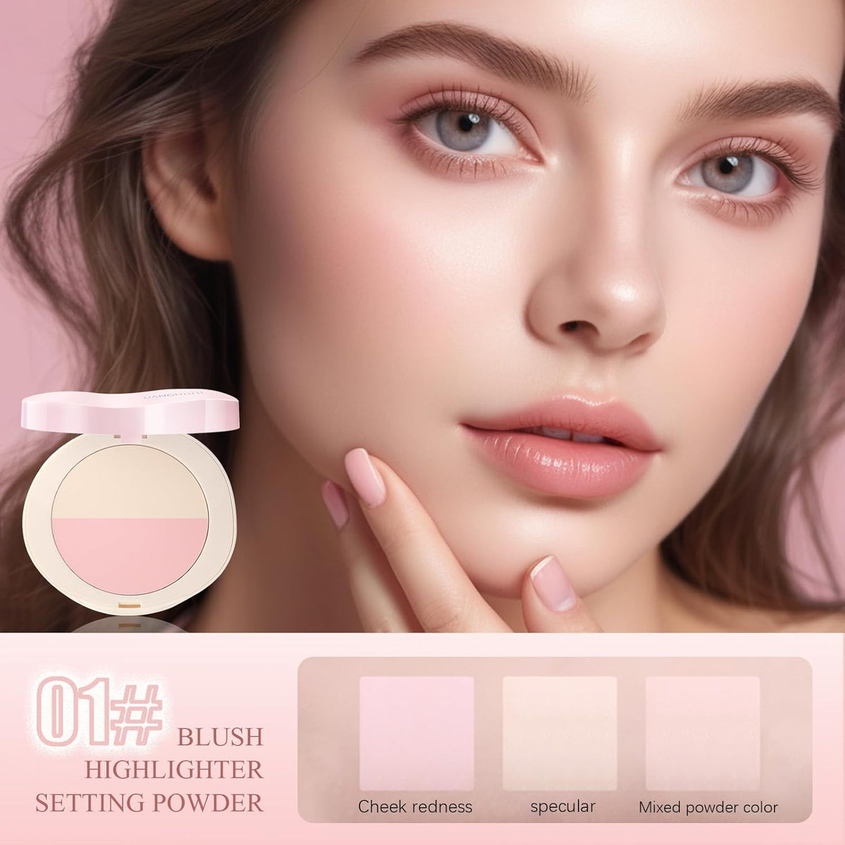 Pink Setting Powder, 3 in 1 Blush Palette with Puff, Highlighter Palette, Fine Texture Blush Pressed Powder, Setting Powder Makeup, Korea Makeup - Pink
