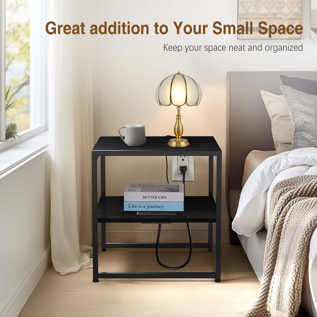 Tatub 20" End Table with Charging Station, Industrial Square Side Table with USB Ports & Outlets, Versatile 2-Tier Small Nightstand for Bedroom Living Room, Black