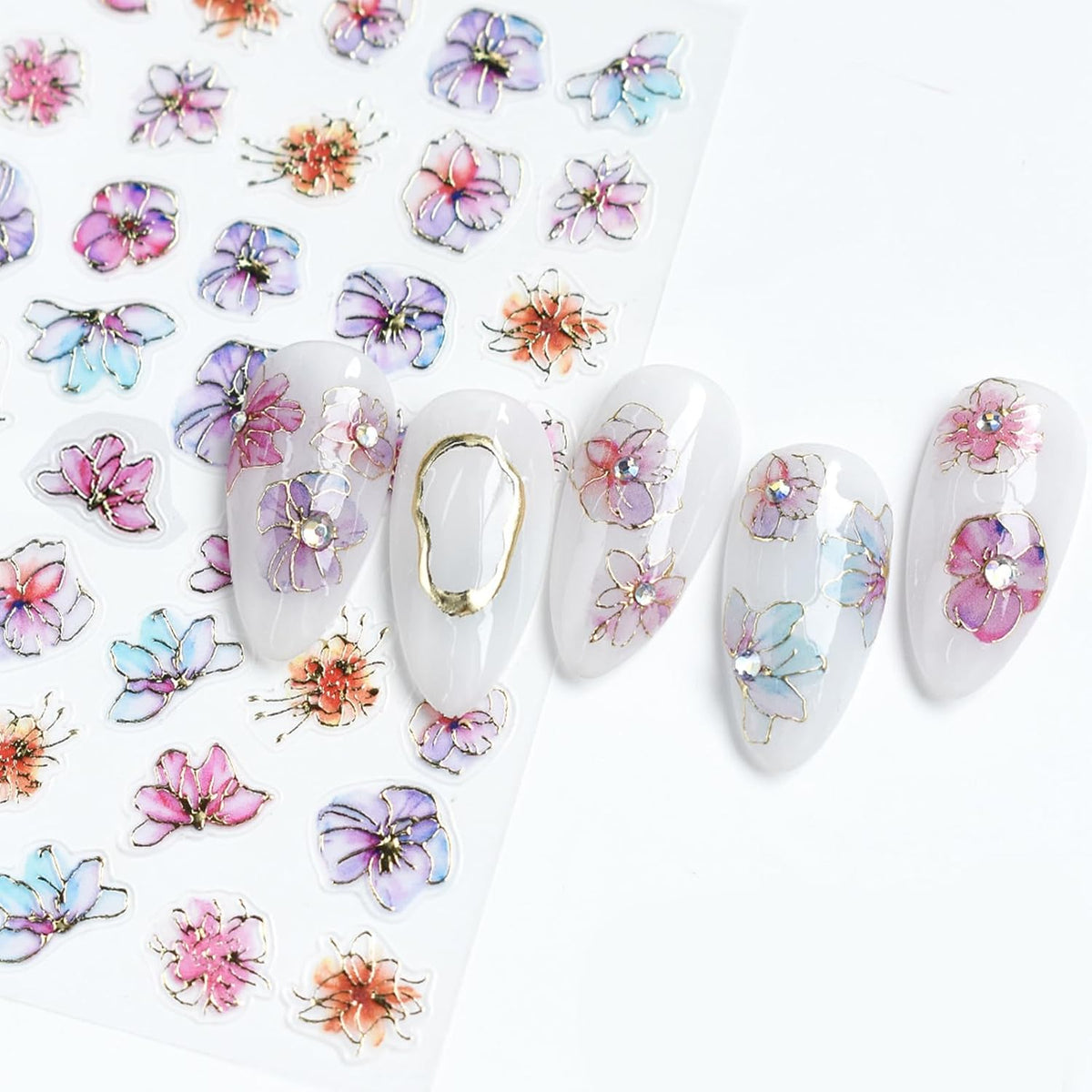 4 Sheets Purple Gold Flower Nail Art Stickers 5D Embossed Flowers Self-Adhesive Pegatinas Uñas Colorful Petals Nail Decals Purple Flower Nail Stickers for Women Nail Art Decoration