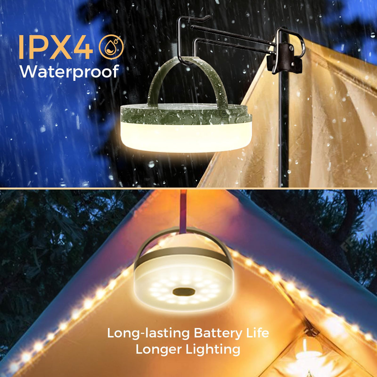 KUQIHUG Camping String Lights, 2 in 1 Quick Storage 32.8FT Rechargeable Tent Lights String with 8 Modes, Hanging Waterproof Portable LED Lamp for Outdoor Patio Awning Garden Party Essentials