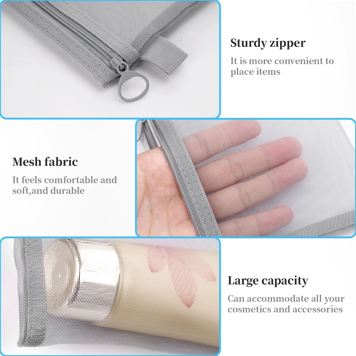 6 Pcs Mesh Cosmetic Bags with Zipper, Grey Mesh Zipper Pouch Bags, Purse Organizer Pouches, Small Mesh Zipper Pouch, Zipper Mesh Pouch Bags, Mesh Makeup Bag with Zipper, Small Mesh Bags with Zipper