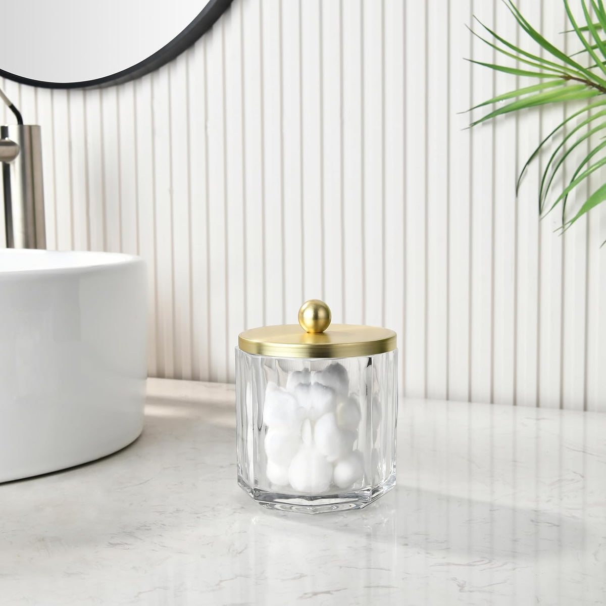 Home Glass Cotton Jar Holder Matte Gold Lid, Elegant Bathroom Storage Canister for Qtips, Cotton Balls, Floss, Makeup Organizer, Vanity Bathroom Organization