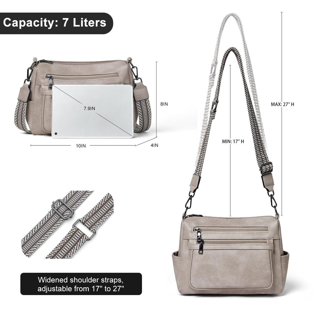 Bluome 7L Crossbody Purses for Women, Medium Crossbody Bags Vegan Leather Shoulder Handbags with Guitar Strap,Grey