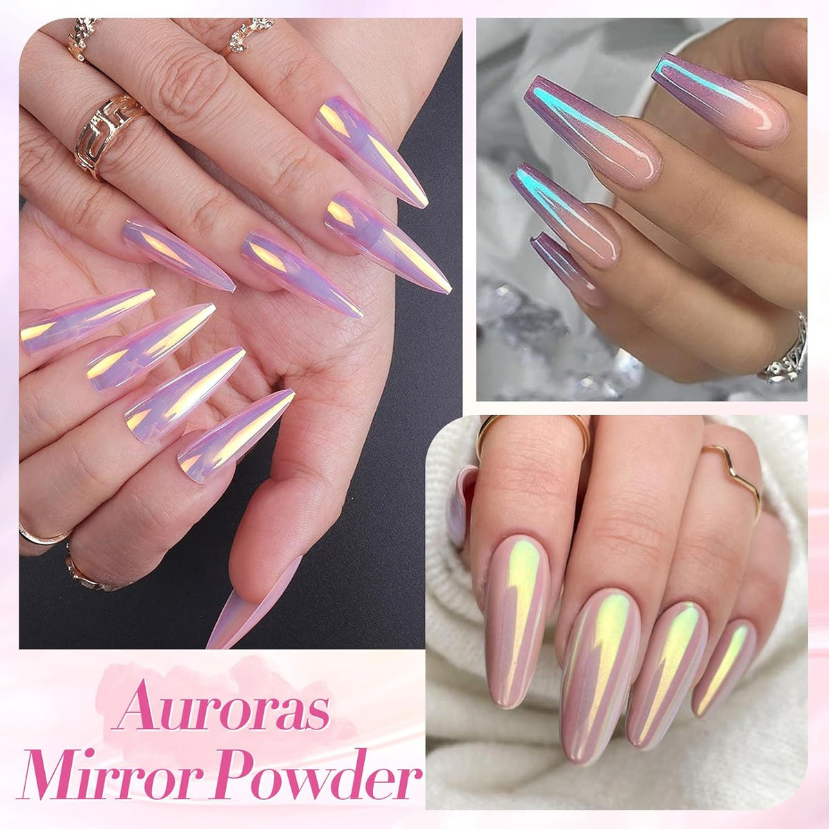 Born Pretty Chrome Nail Powder Metallic Mirror Effect Pigment Iridescent Mermaid Pearl Auroras Nail Powder Glitter Dust Kit for Gel Polish Nail Art Decoration