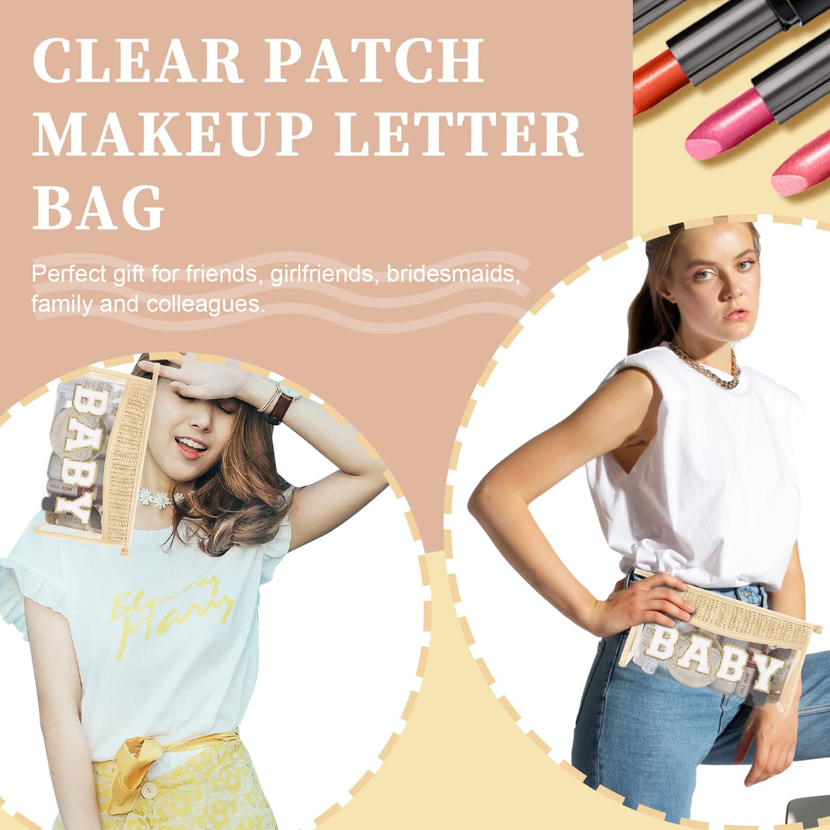 Cute Boho Patch Baby Bag Clear Makeup Letter Bag, Waterproof Zipper Make up Bag Toiletry Pouch for Women Girls, Clear Letter Patch Cosmetic Bag Transparent Organizer Pouch for Travel(Baby, Beige)