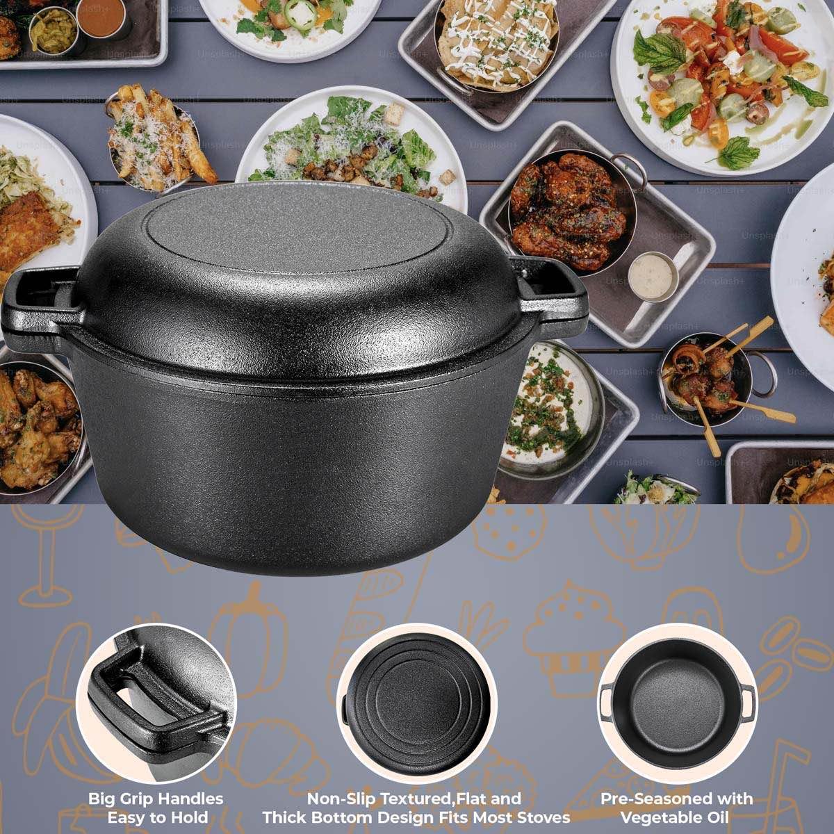 TLGREEN Cast Iron Dutch Oven Pot with Lid, Pot (5.1QT) and Lid as a Skillet(1.9QT) - Dutch Oven Cast Iron with Silicone Holders, Iron Stand, for Oven, Stove, Grill，Campfire