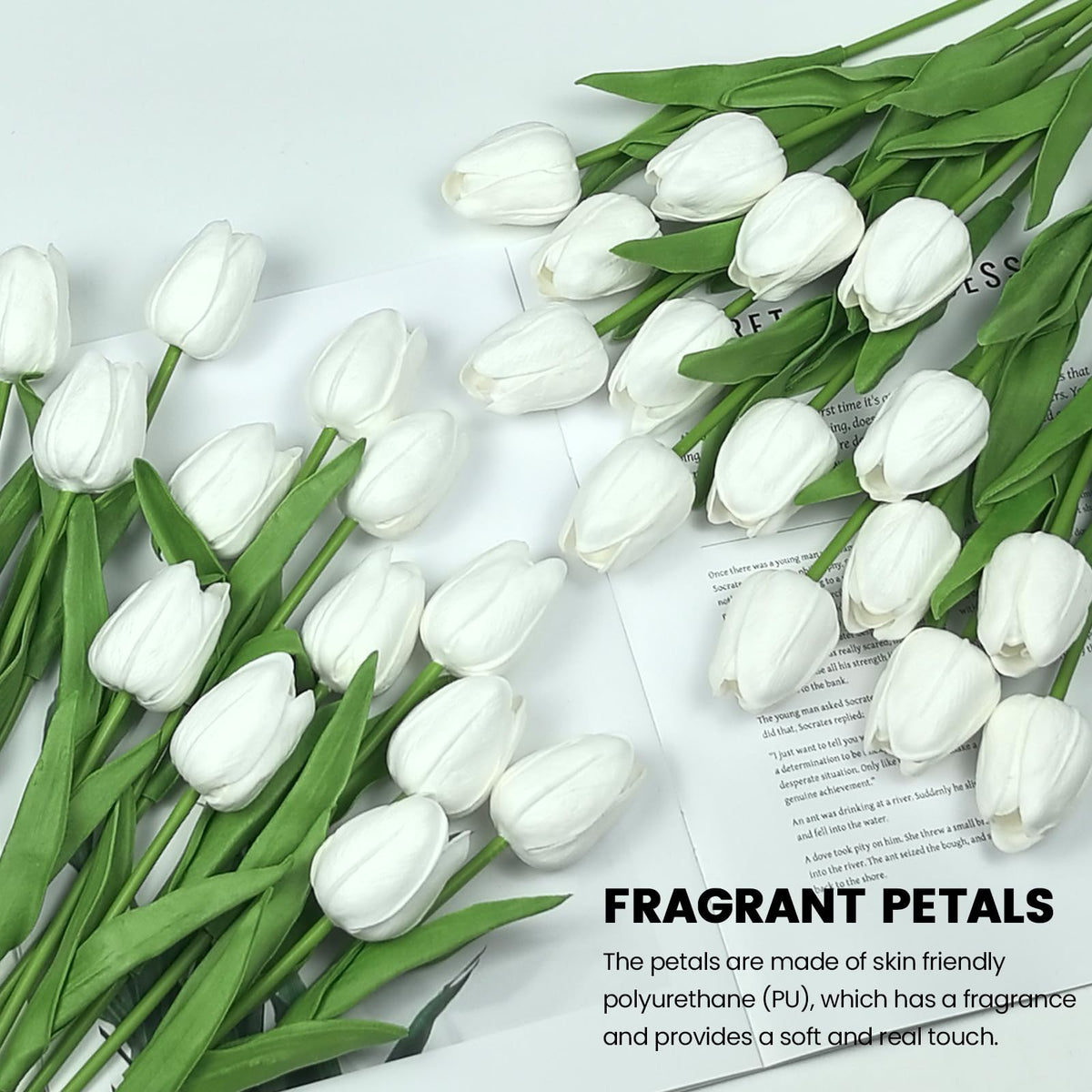 Subacy 30 PCS Artificial Tulips 13.5inch Long Fake Flowers Real Touch Tulips Silk Flowers for Spring Easter Mother's Day Decorations (White)