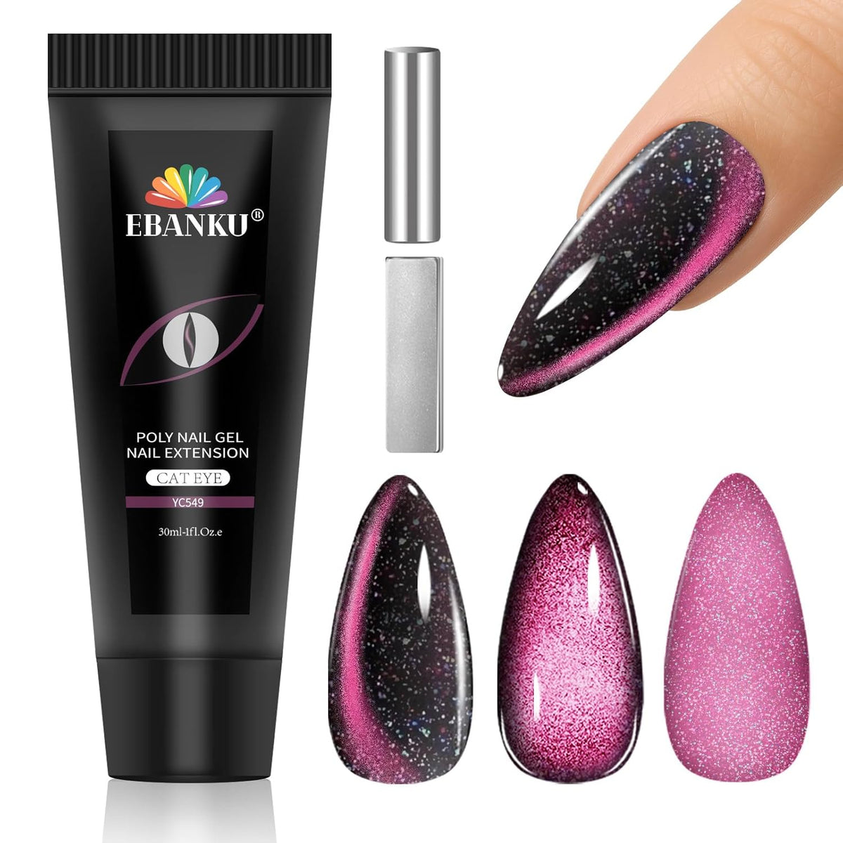 EBANKU Poly Extension Gel, 60g Cat Eye Nails Poly Gel for Beginner & Professional Using, Magnetic Poly Nail DIY Starter for Halloween Nail Art Gift (Purple)