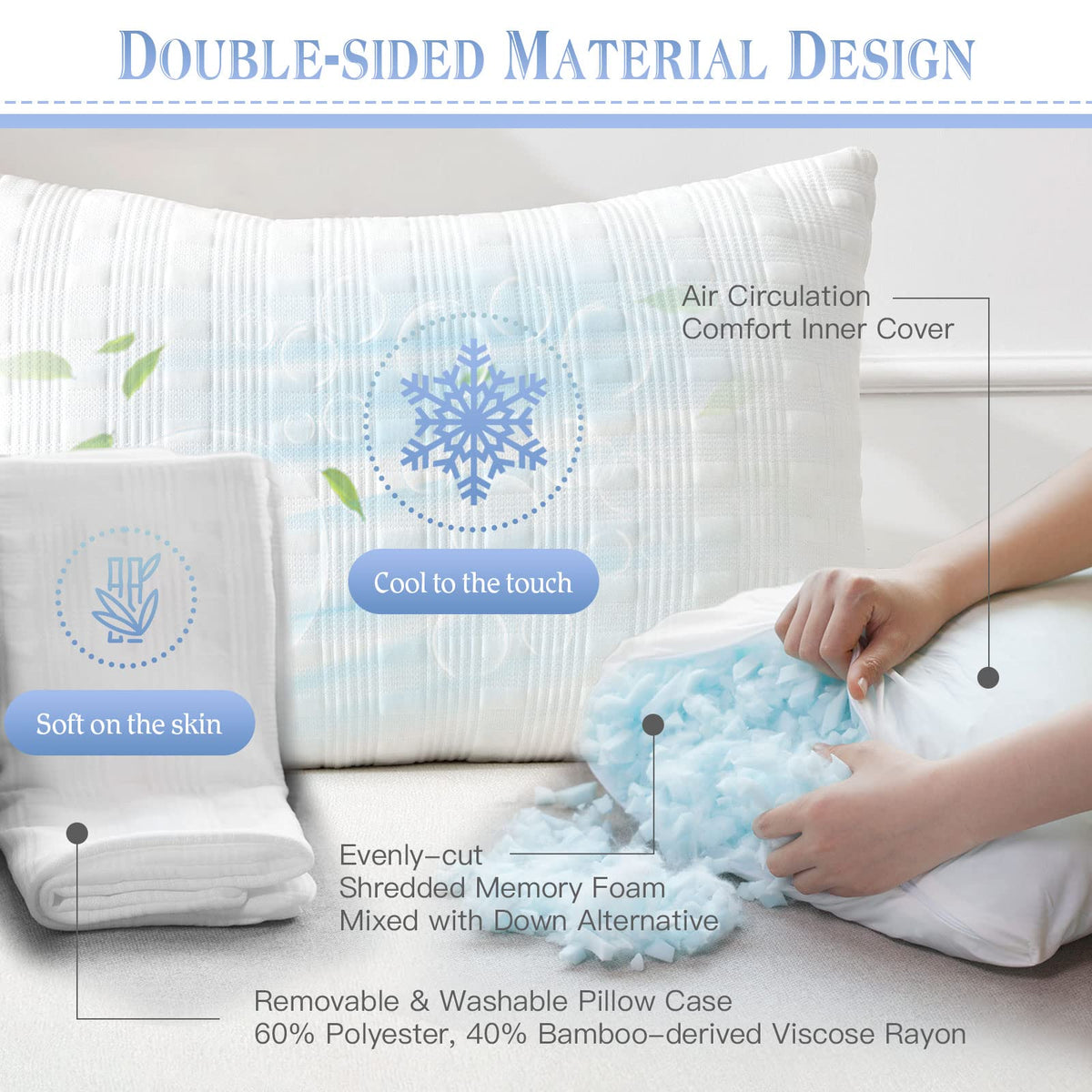 Meoflaw Cooling Pillows for Sleeping Queen Size Set of 2,Shredded Memory Foam Bed Pillow with Pillow Case-Double Sided Material,Adjustable Loft Queen Pillow for Side & Back Sleeper-Medium Firm