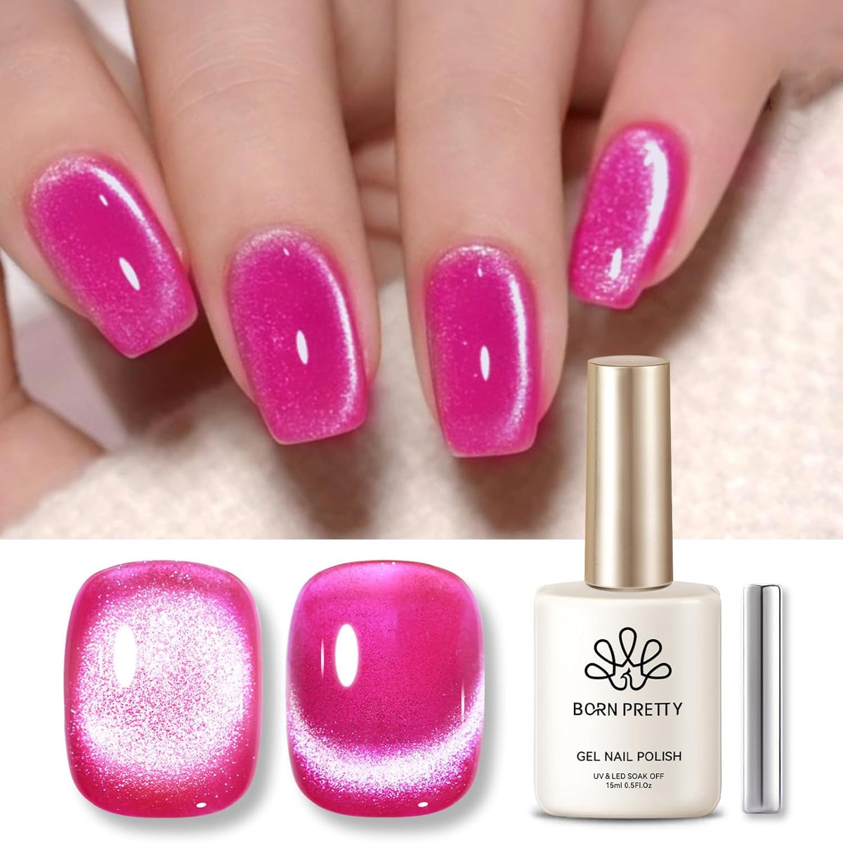 Born Pretty Magnetic Gel Nail Polish Hot Pink Cat Magnetic Eye Gel Polish Holographic Cats Shiny Glitter Nail Gel for Salon Home DIY Manicure Use