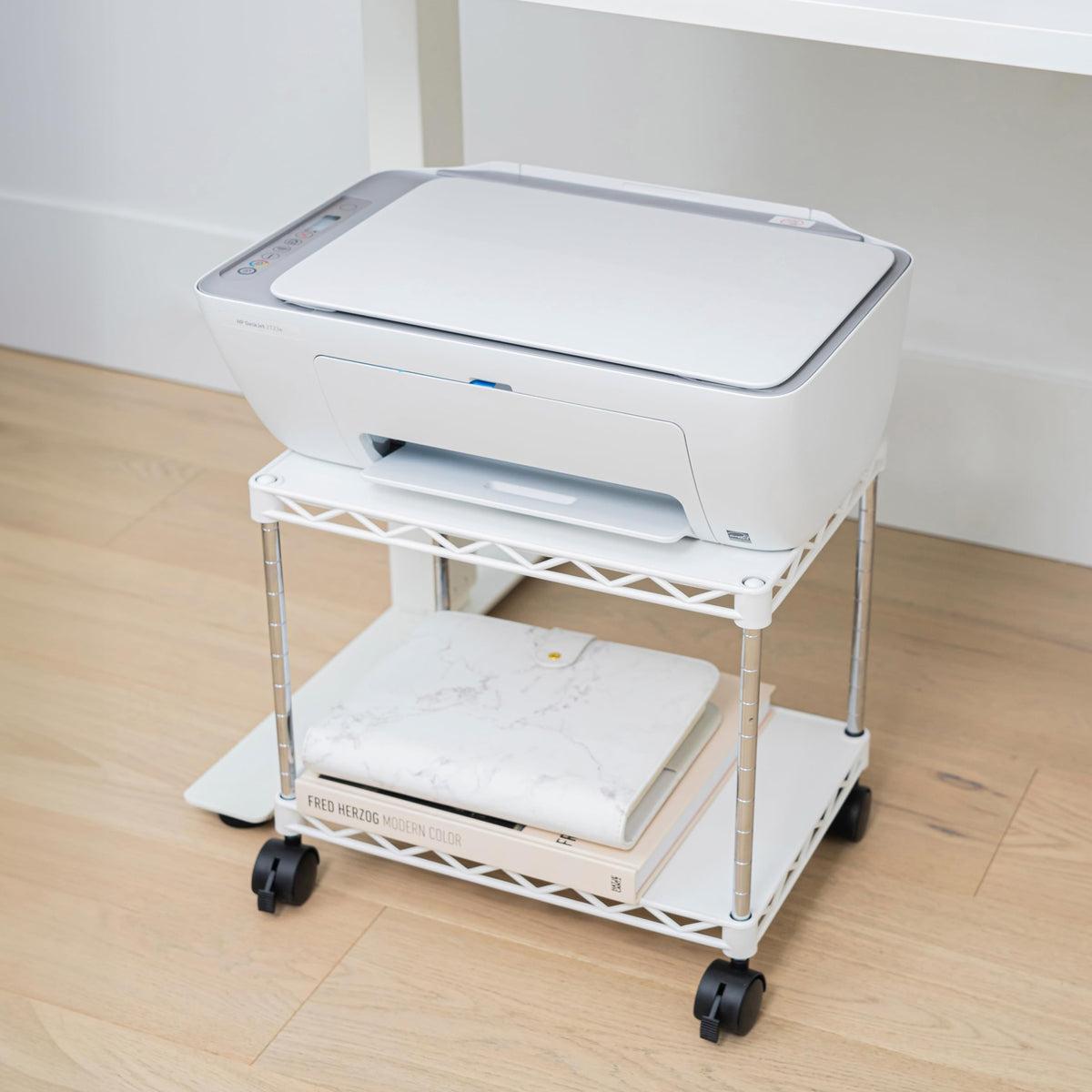 ZBRANDS Printer Stand, Mini, White, 15" x 10.6", Portable Electronic Device Stand for Small Spaces, 40lbs Capacity, Rolling Cart with Wheels, Home Printer Stand, Copier Stand