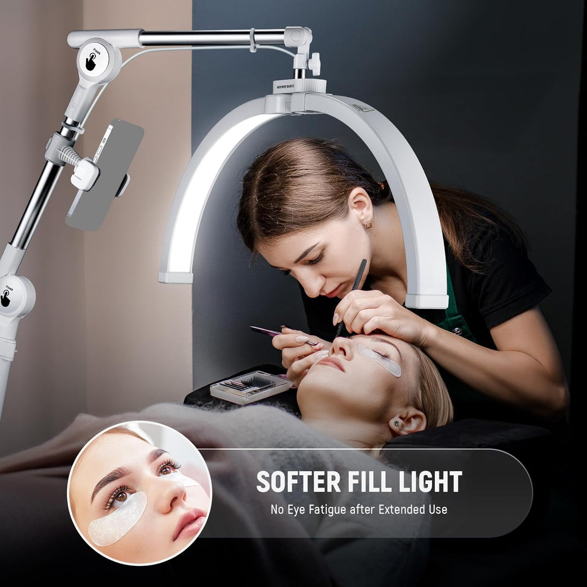 NEEWER Basics 22" Half Moon Lash Light with Articulating Desk Clamp Mount Stand/Phone Holder, 32W Foldable LED Nail Tech Table Arc Lamp for Makeup Beauty Tattoo Overhead Video Recording, HM03-D