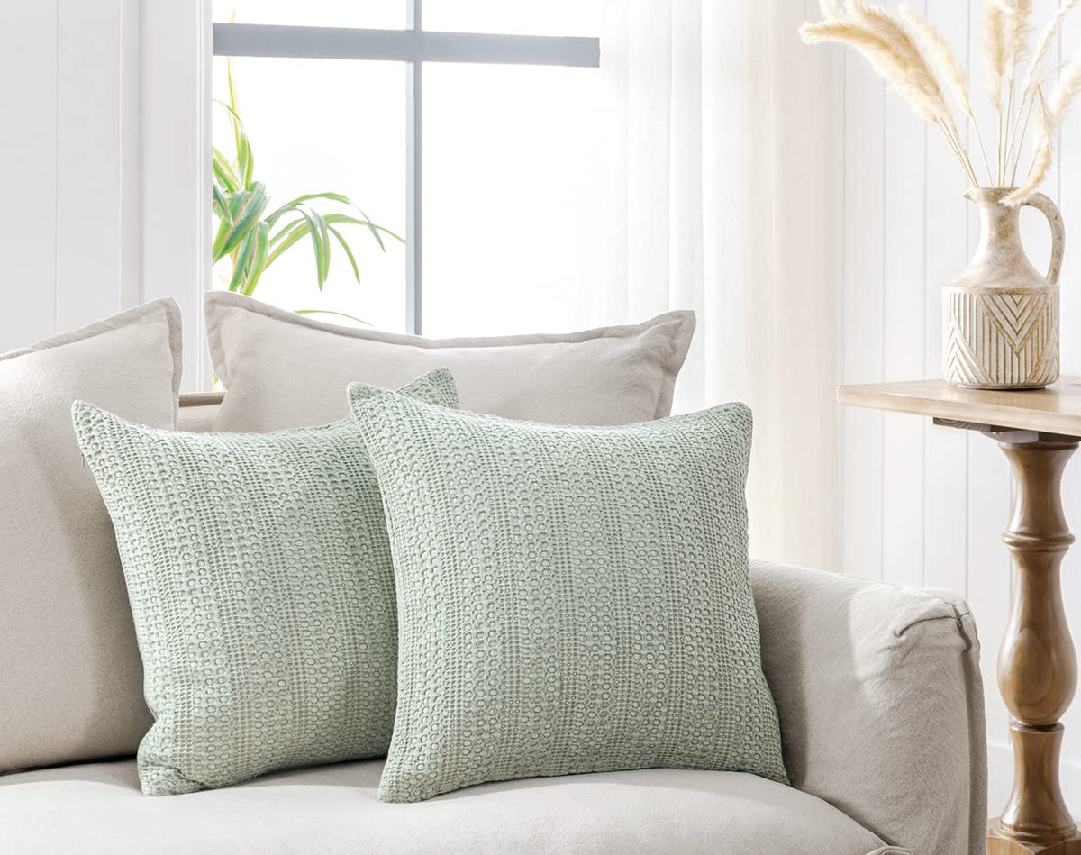 COCOPLOCEUS Sage Green Pillow Covers 18x18 Boho Throw Pillow Covers Set of 2 Decorative Pillow Shams Stone Washed Cotton Pillowcase for Couch Sofa Chair Bed Car