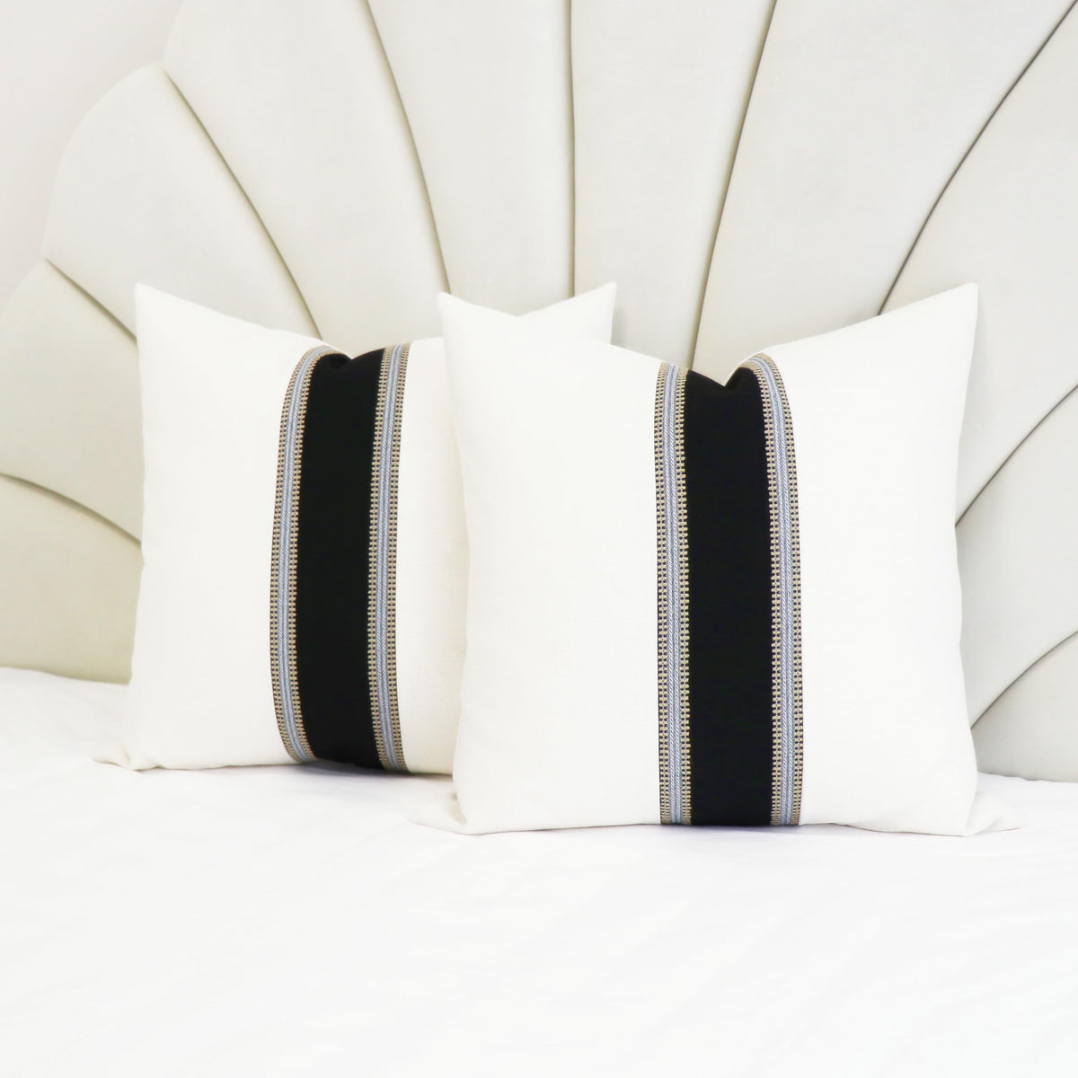 Slow Cow Pack of 2 Linen Off White and Black Patchwork Throw Pillow Covers Decorative Cushion Covers for Couch Sofa Square 18 x 18 Inches