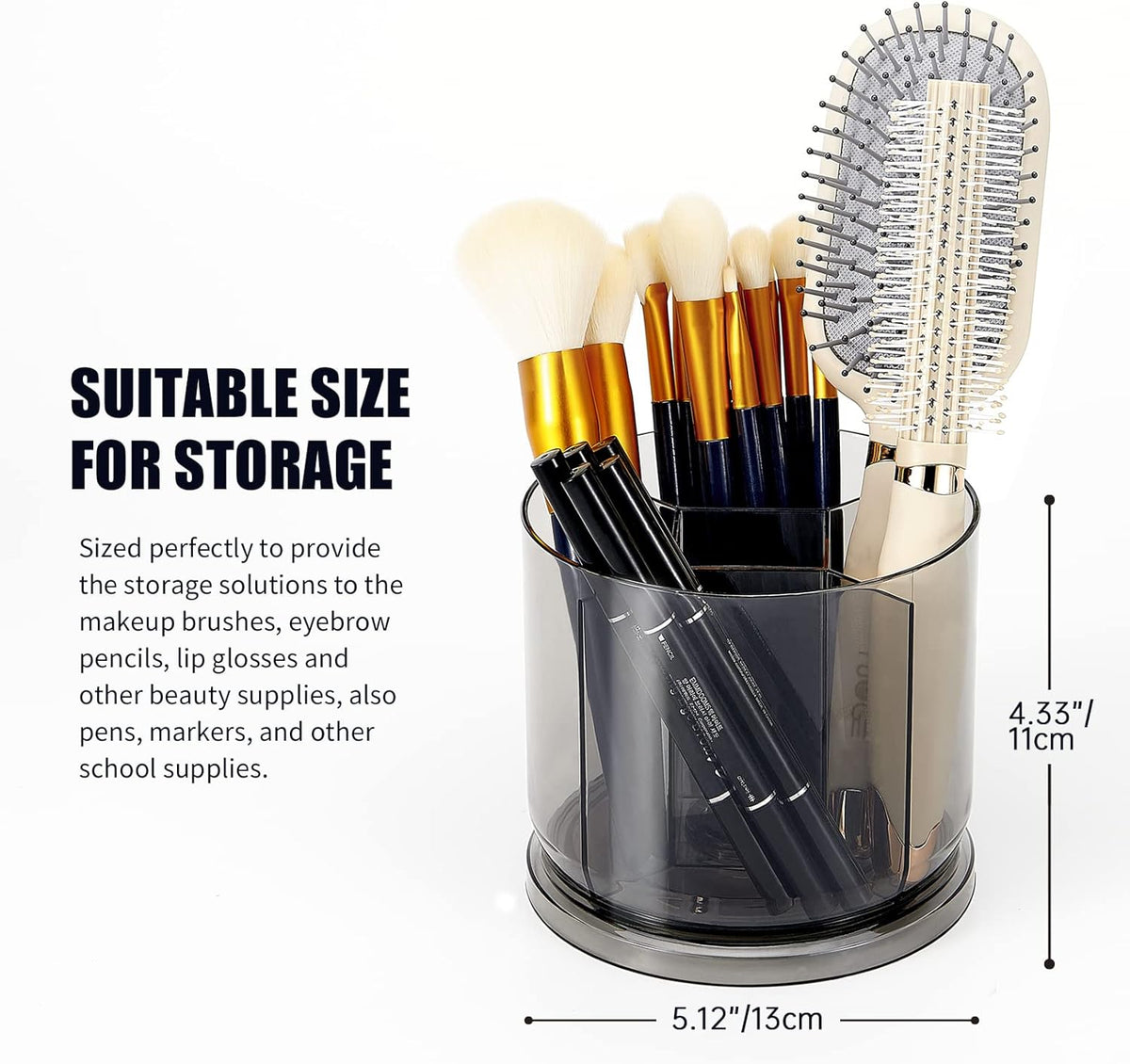 Makeup Brush Holder Organizer -Rotating 360° Clear Storage Cup Containers for Vanity, Desk, Countertop, Spinning Pen Holder for Desk, Round Make up Brush Stand with 5 Slots, for Cosmestics (Grey)