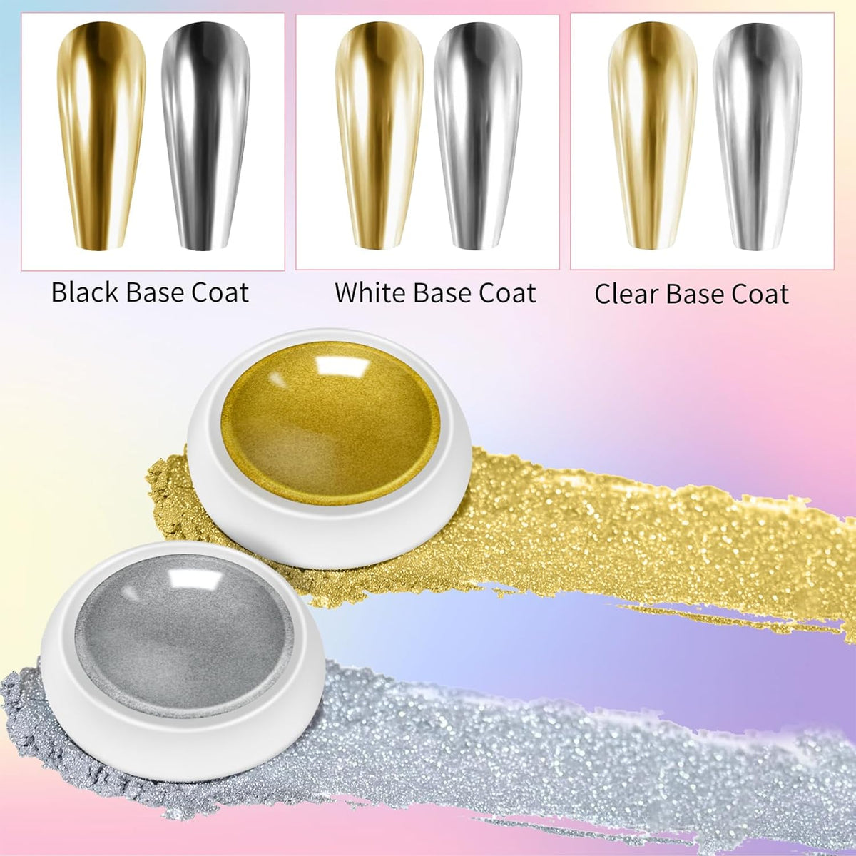 3D Nail Gel and Chrome Nail Powder Kit, 3 in 1 No Wipe Clear 3D Sculpting Gel for Nail Art Carving Molding Rhinestone Glue 15g, Gold Silver Metallic Mirror Nail Chrome Powder Glitter for Manicure