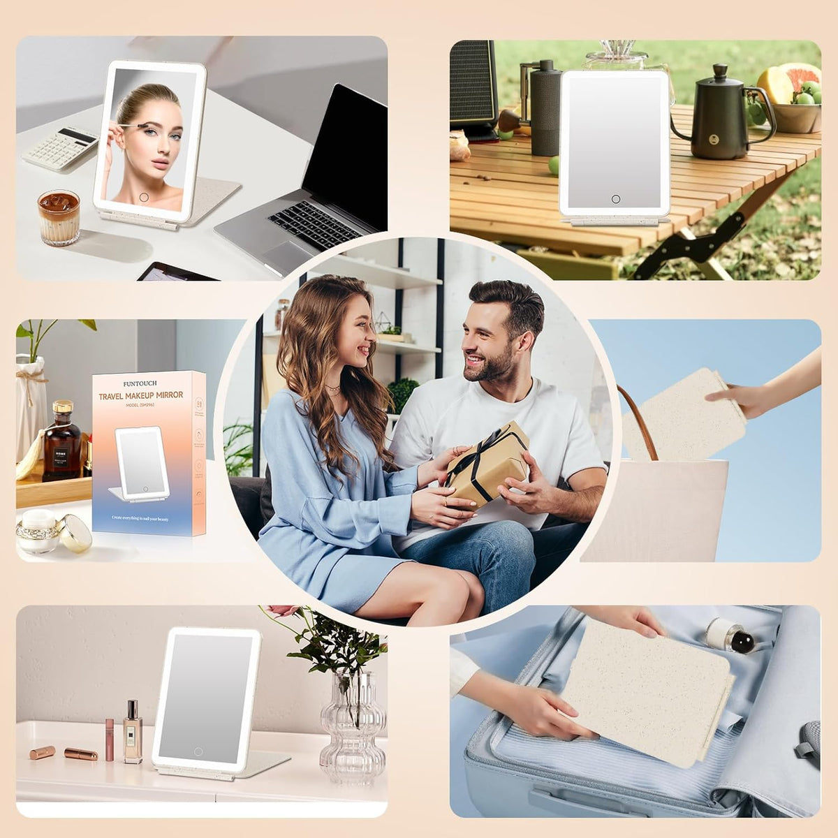 FUNTOUCH Rechargeable Travel Makeup Mirror with 72 Led Lights, Portable Lighted Makeup Mirror, 3 Color Lighting, Dimmable Touch Screen, Type C, Tabletop LED Folding Cosmetic Vanity Mirror