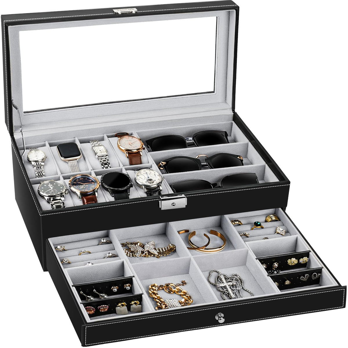 TomCare Watch Box Watch Case Jewelry Organizer Holder Jewelry Display Box Case Sunglasses Storage Organizer Lockable with Glass Top and PU Leather for Men Women, Black