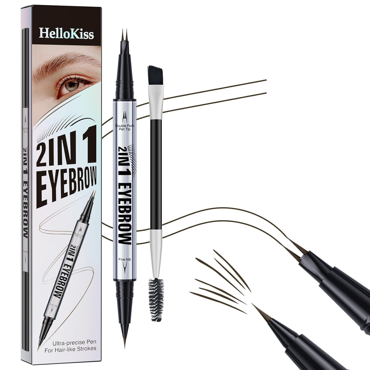 Eyebrow Pen,2-in-1 Dual-Ended Eye Brow Pencil with 2-Fork-Tip and Precise Brush-Tip, Microblading Eyebrow Pen for Waterproof Long Lasting Natural Hair-Like Brows (Black Brown)