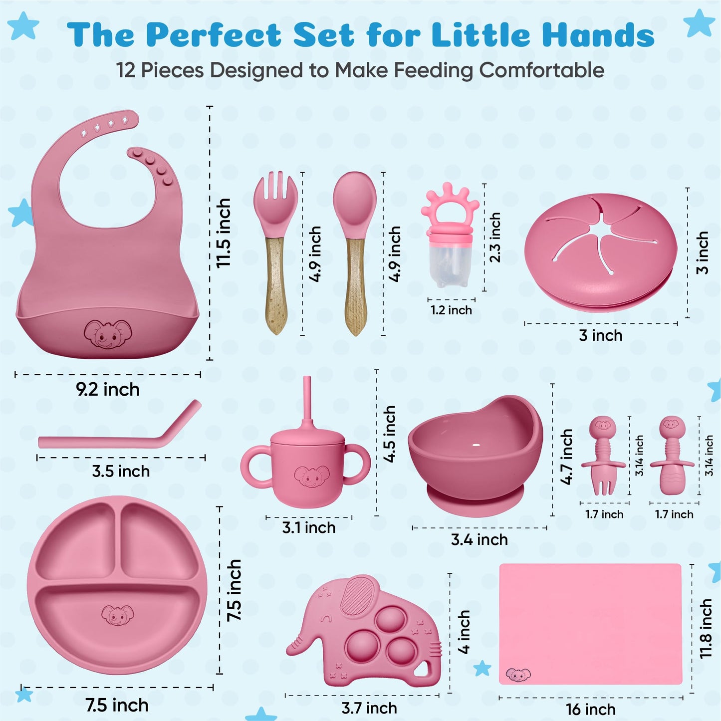 Silicone Baby Feeding Set - Baby Led Weaning Supplies with Sippy Cup, suction plate and bowl, Spoons, Forks, Fruit Pacifier, Bib, and Baby Eating Essentials for 6+ Months - Eight4you