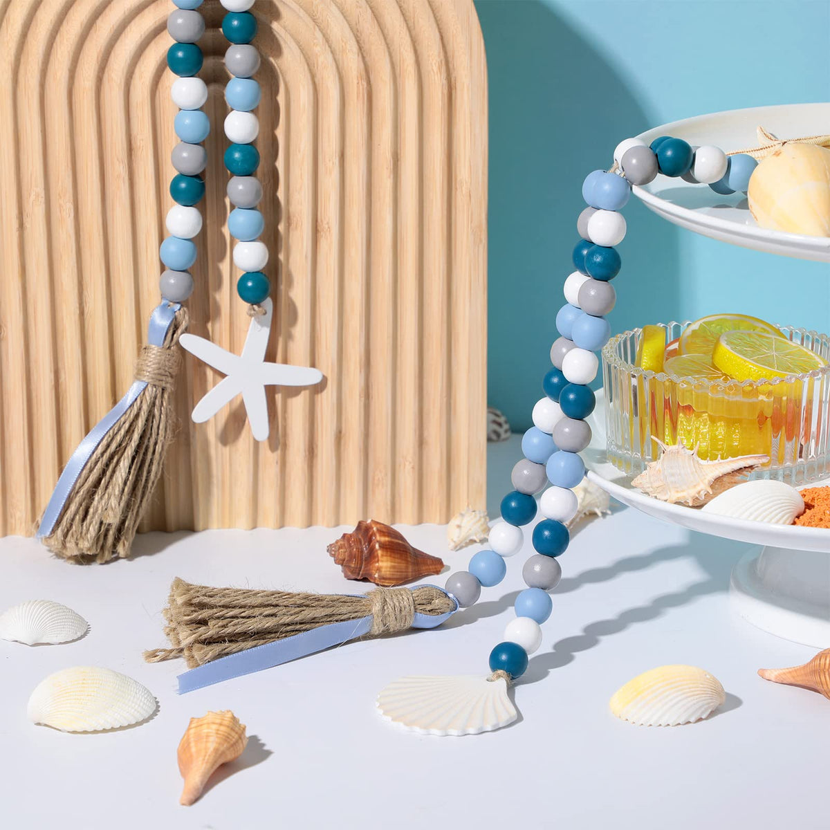 2 Pcs Farmhouse Seashell Bead Garland with Tassels Decorative Beads Decor Nautical Farmhouse Tiered Tray Decorations Set Coastal Garland for Home and Kitchen, Wooden Beads