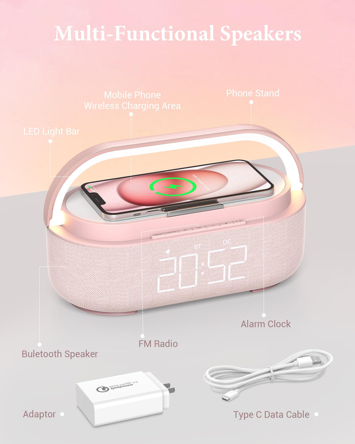 COLSUR Bluetooth Speaker with Wireless Charger, FM Radio, Dimmable LED Night Light, Dual Wireless Speakers, 2500mAh Portable Speaker for Home Decoration, Bedroom, Office, Gift