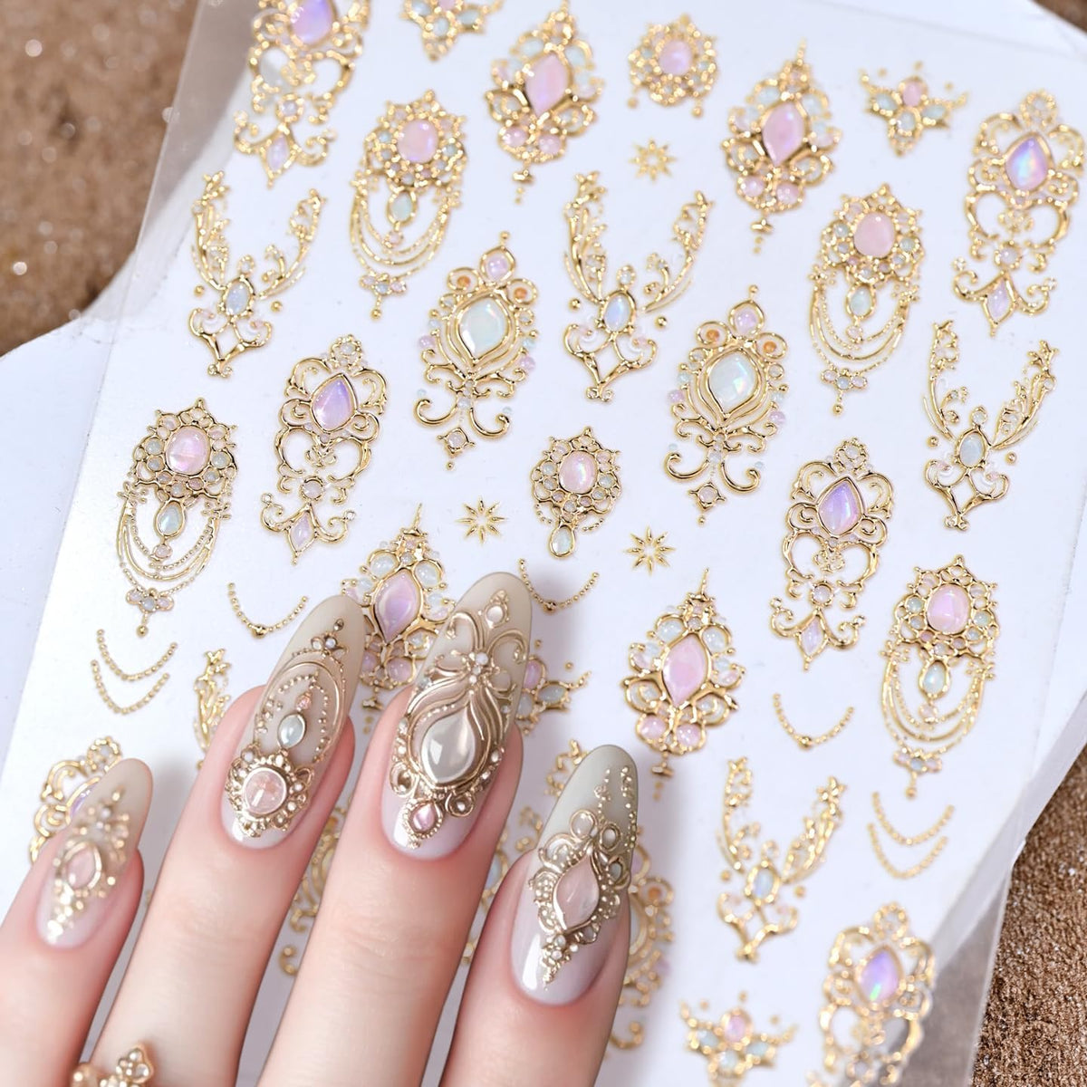 Gold Nail Stickers for Nail Art Gemstone Nail Decals with Golden Filigree Design,Luxury Baroque-Style Stickers for Nails 3D Self Adhesive Nail Art Supplies & Decorations for Women Girls 1 Sheet