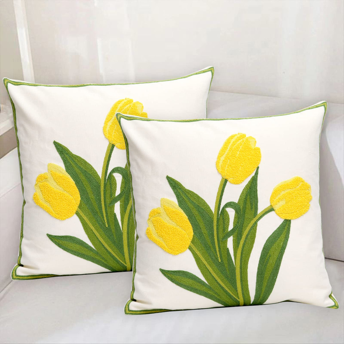 Pilmandu Pack of 2 Embroidered Decorative Throw Pillow Cover 18x18 Inch Farmhouse Floral Pillowcase for Living Room Sofa Bed (Yellow Tulip)