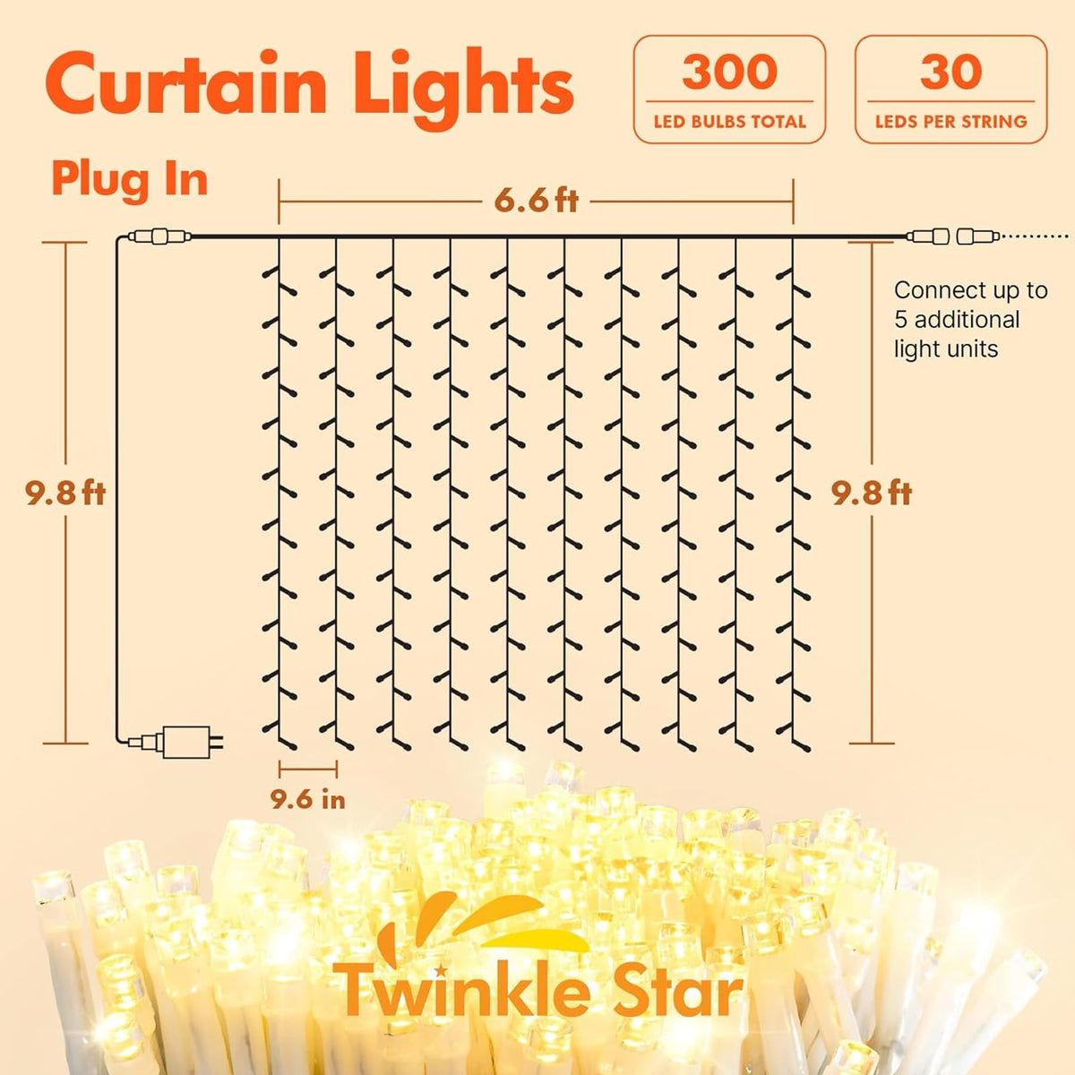 Twinkle Star 300 LED Window Curtain String Light Wedding Party Home Garden Bedroom Outdoor Indoor Wall Decorations, Warm White