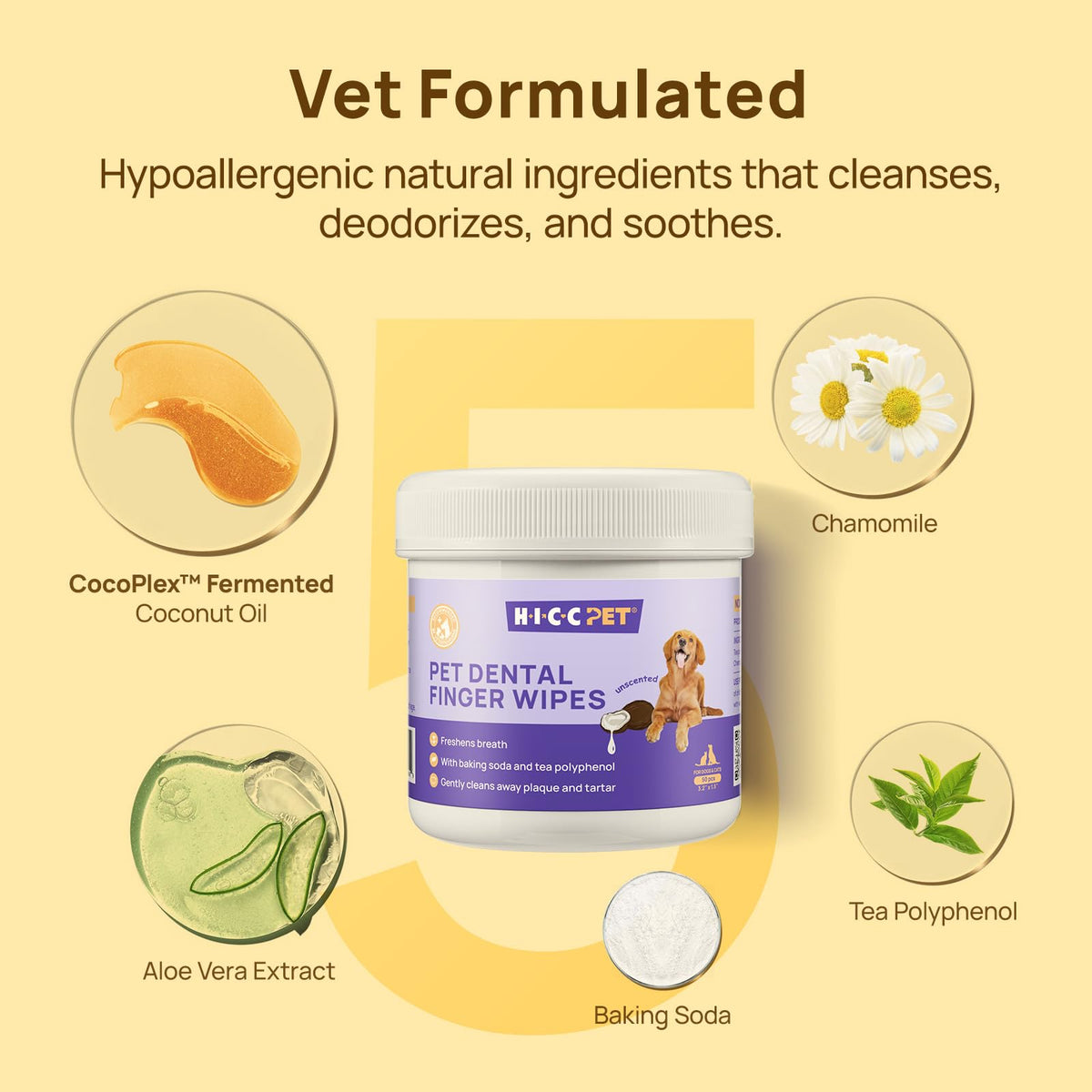 HICC PET Teeth Cleaning Wipes for Dogs & Cats, Remove Bad Breath by Removing Plaque and Tartar Buildup No-Rinse Dog Finger Toothbrush, Disposable Gentle Cleaning & Gum Care Pet Wipes, 50 Counts