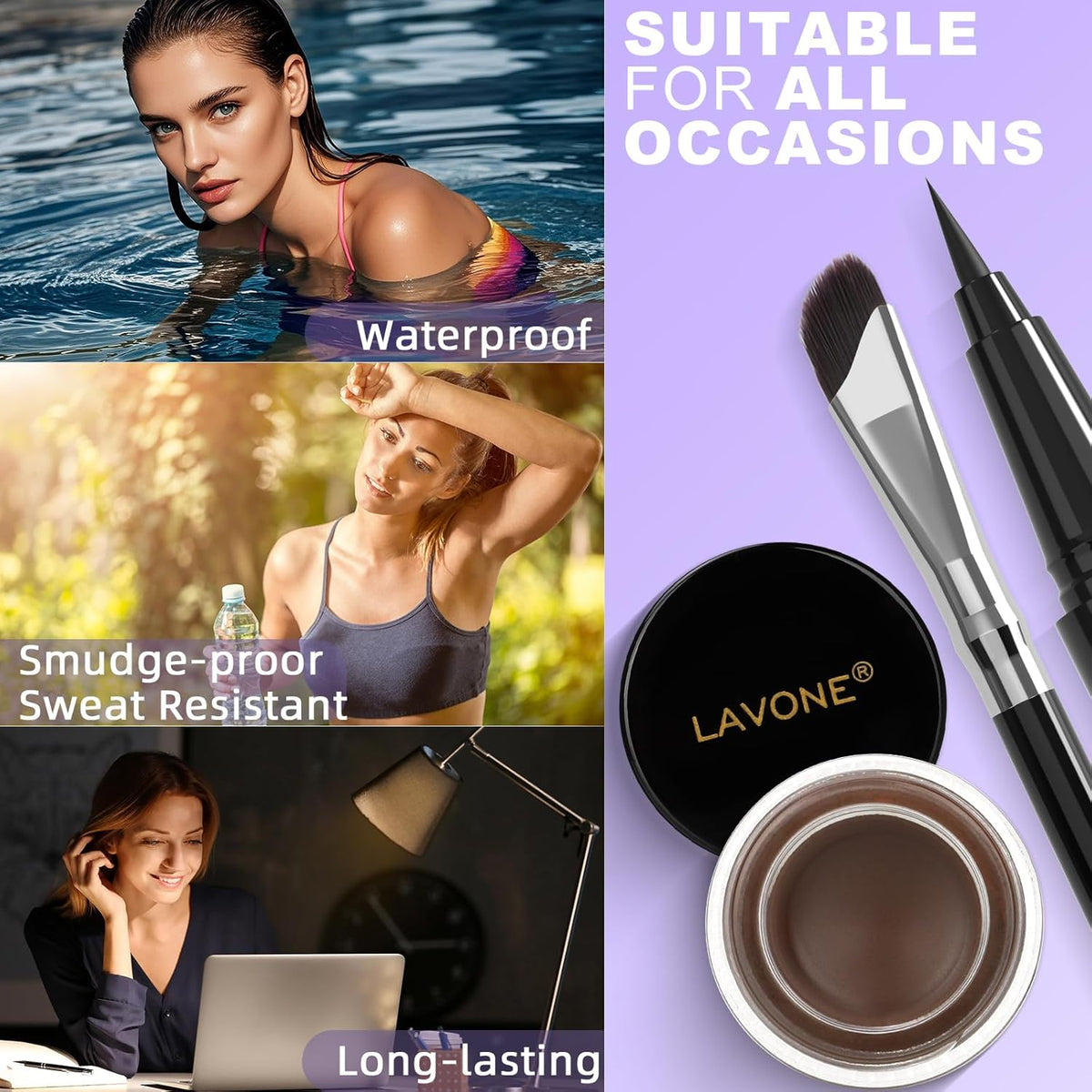 LAVONE Eyeliner Set - Waterproof Makeup Kit with Liquid Eye Liner Pencil, Gel Eyeliner and Angled Eye Liner Brush, Waterproof, Smudge Resistant, Long Lasting Formula - Dark Brown