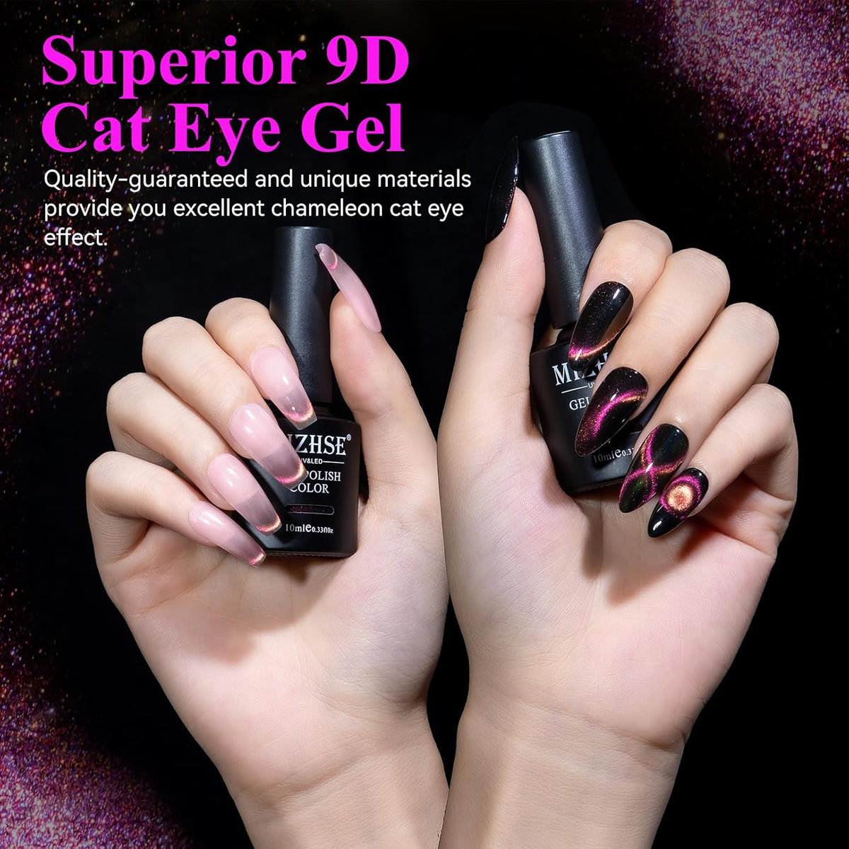 MIZHSE 9D Cat Eye Gel Nail Polish, Rose Red Magnetic Gel Polish with Magnet Stick, Magic Shimmer Galaxy Effect Holographic Glitter Silky Cat Eye Nail Polish Soak Off Nail Art Salon Manicure at Home