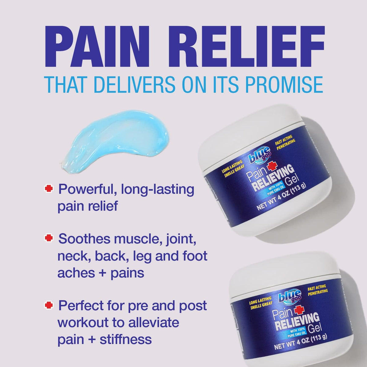 Blue Goo Pain Relieving Gel – for Back, Neck, Muscle and Joint Pain, Fast-Acting Cooling and Soothing Relief with 100% Pure Emu Oil, 4 oz (2 Pack)