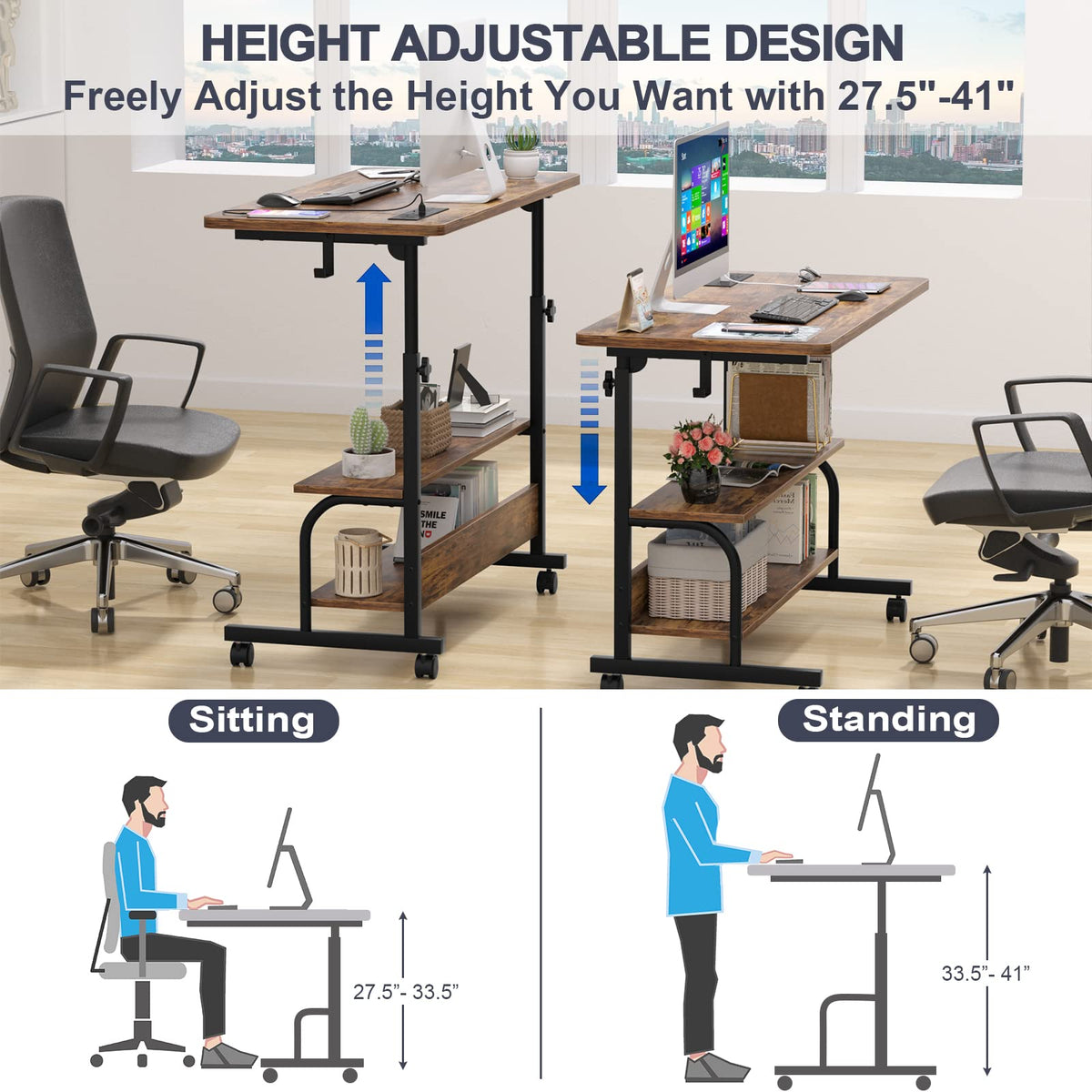 Armocity Height Adjustable Standing Desk with Power Outlets, 32" Manual Stand Up Desk with Storage Shelves Small Mobile Rolling Computer Desk Portable Laptop Table with Wheels for Home Office, Rustic