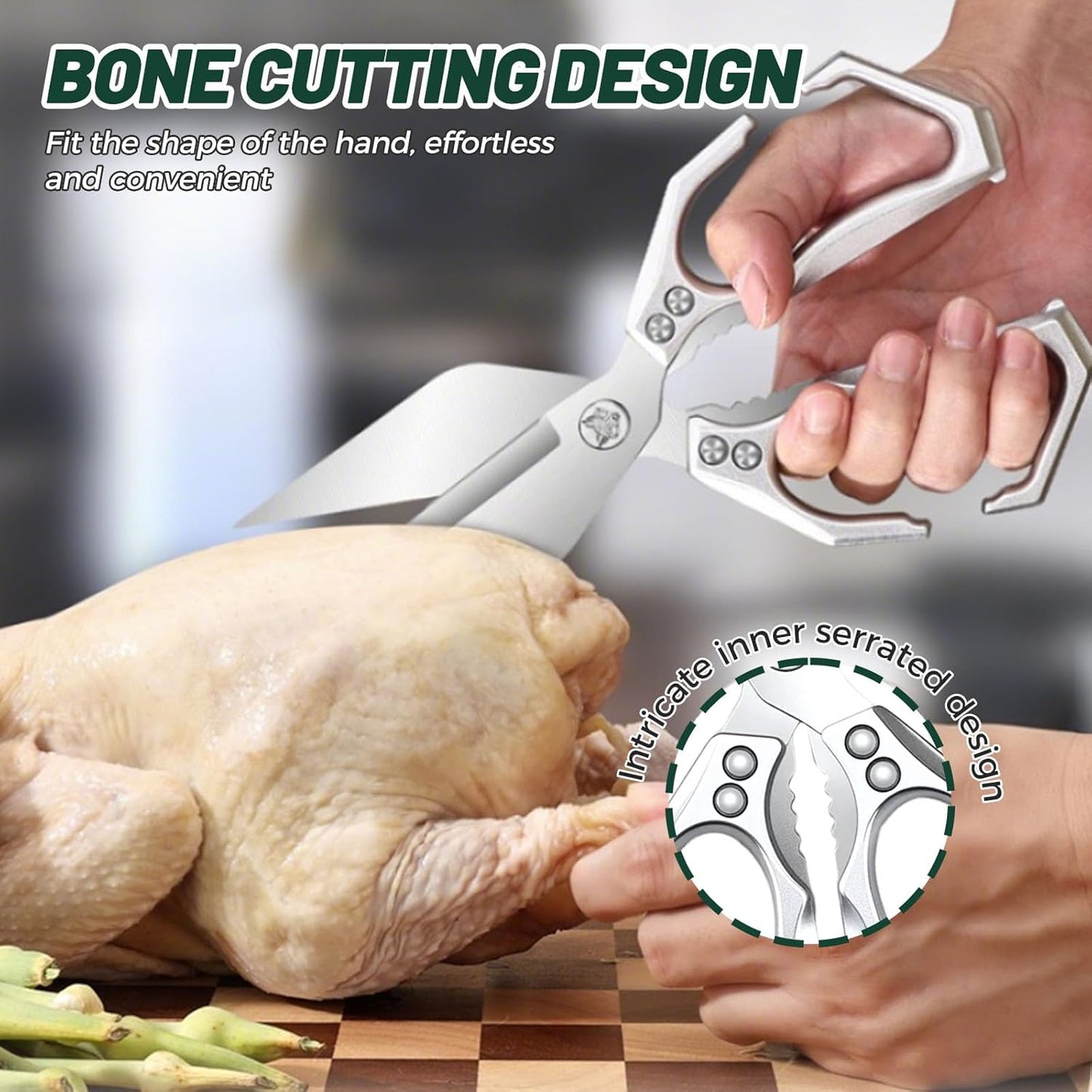 Multifunctional Heavy-Duty Kitchen Shears, Heavy Duty Kitchen Scissors for Food with Ergonomic Handle, High-Carbon Steel Culinary Shears for Chicken, Meat, Seafood, Bone Cutting (Green)