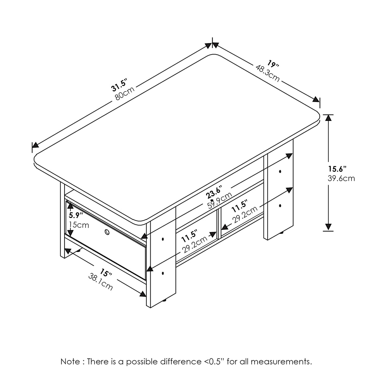 Furinno Andrey Coffee Table with Bin Drawer, French Oak Grey/Black